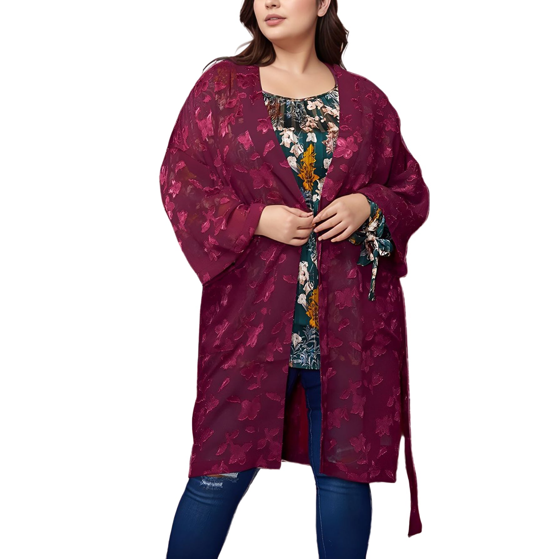 Plus Size Sheer Floral Embossed Robe Cardigan
