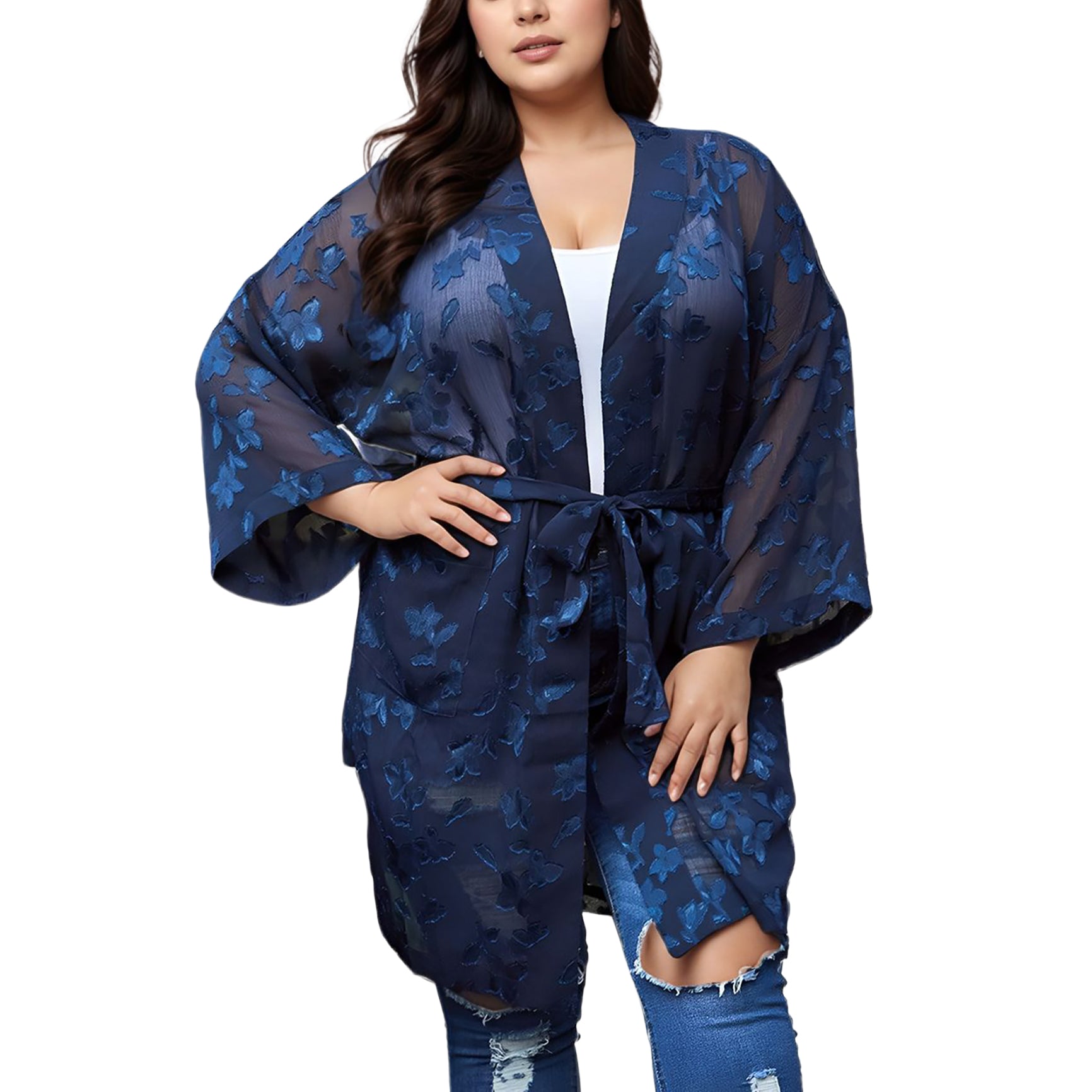 Plus Size Sheer Floral Embossed Robe Cardigan