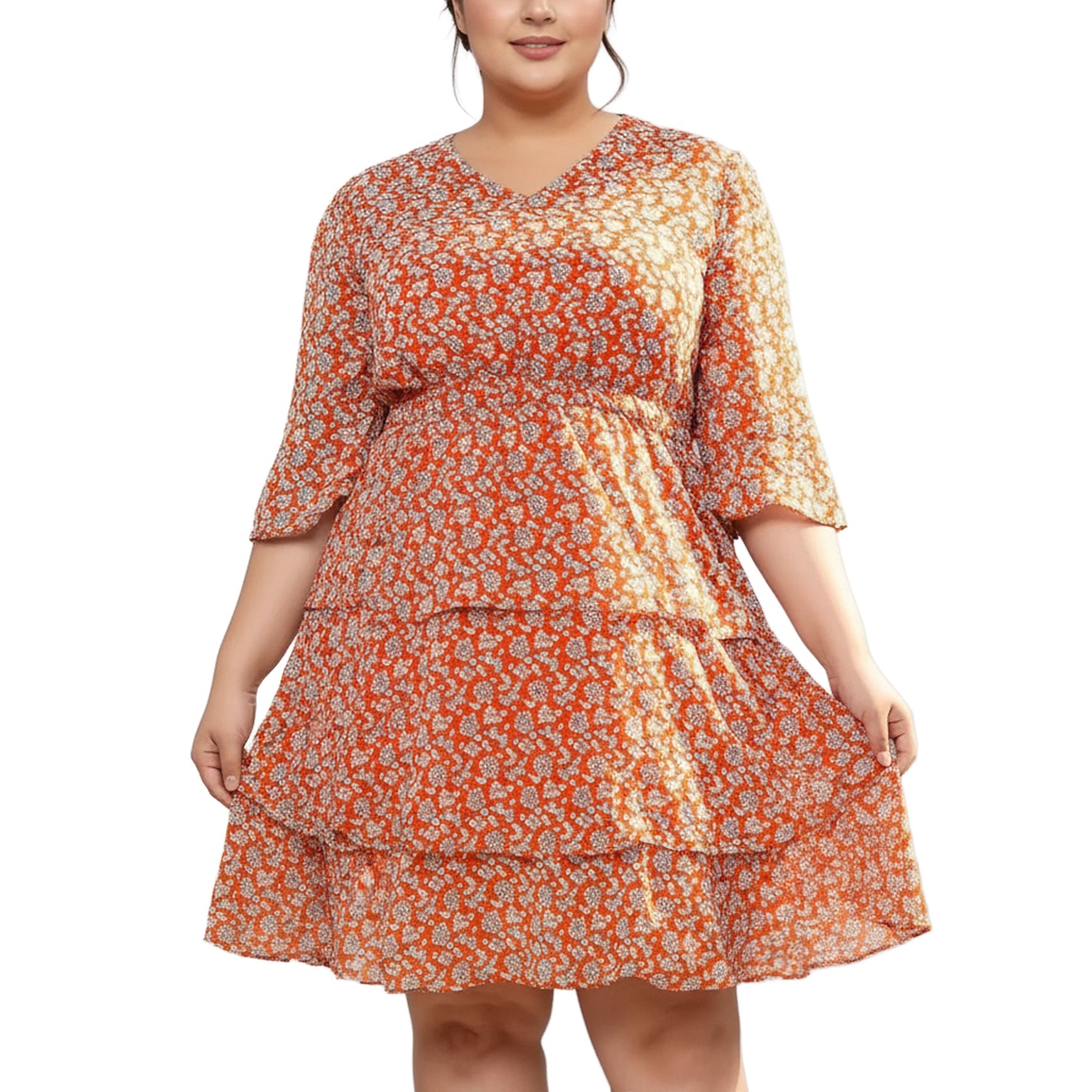 Pleione Plus Size Floral Layered Ruffle Chiffon Dress In Red