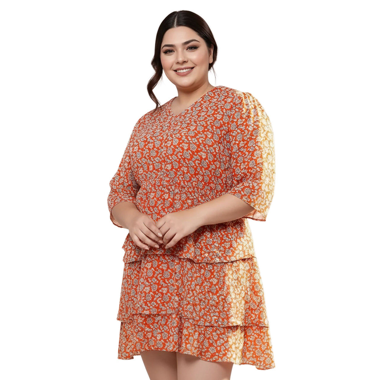 Pleione Plus Size Floral Layered Ruffle Chiffon Dress In Red