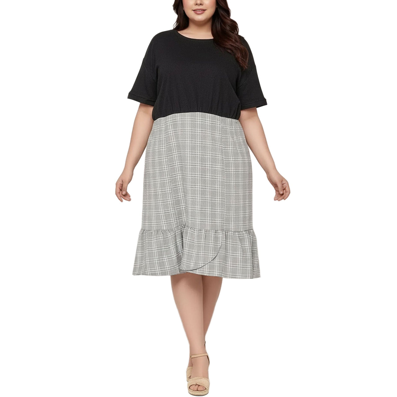 Women's Plus Size Glen Plaid Mermaid Dress in Black