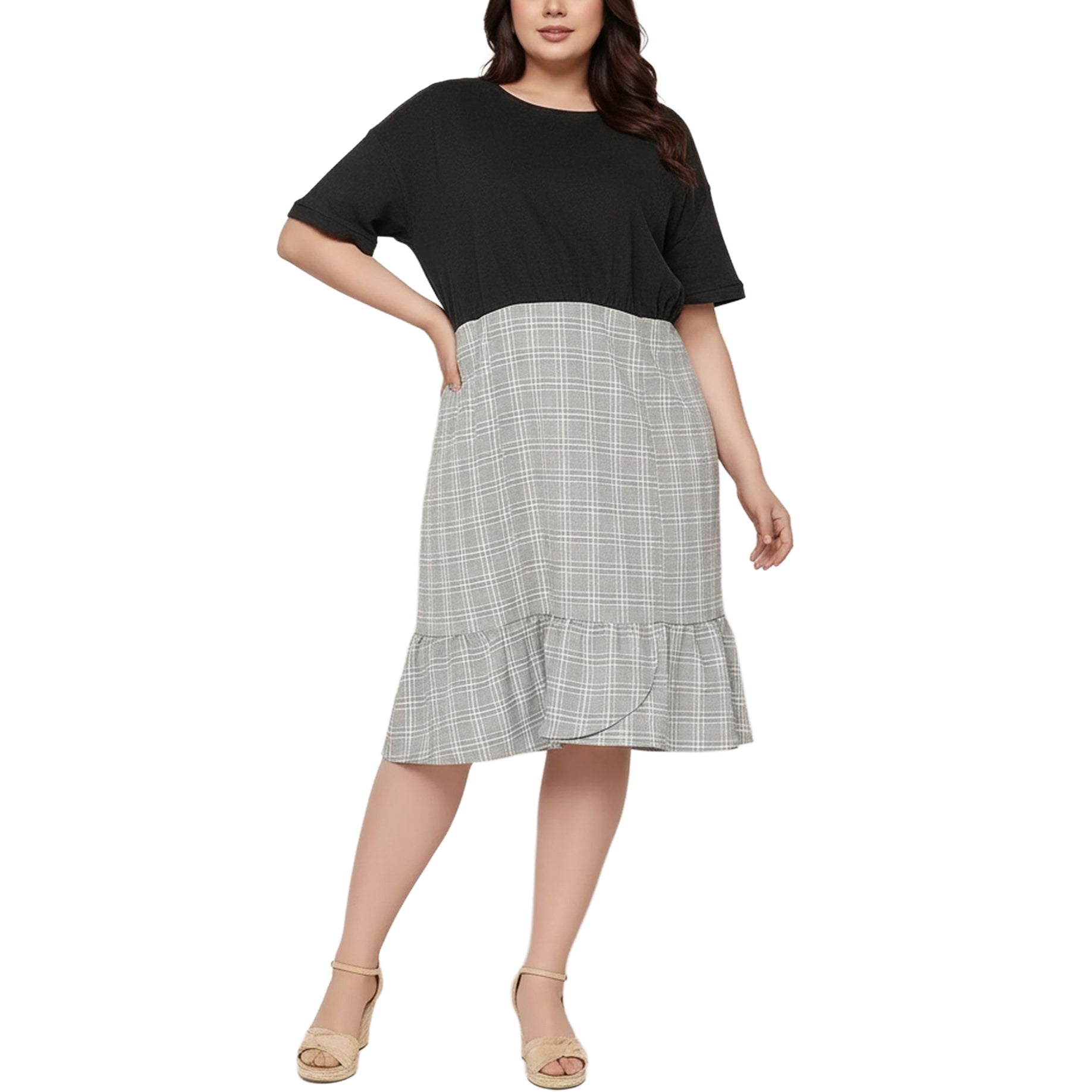 Women's Plus Size Glen Plaid Mermaid Dress in Black