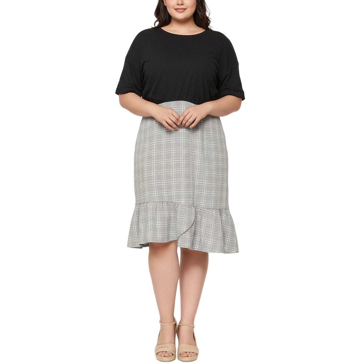 Women's Plus Size Glen Plaid Mermaid Dress in Black