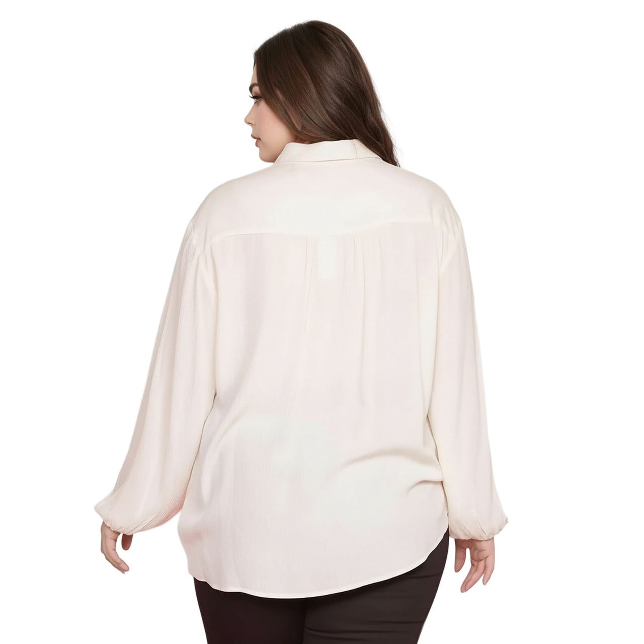 Pleione Plus Size Pleated Tie Hem Button Down Blouse in Ivory