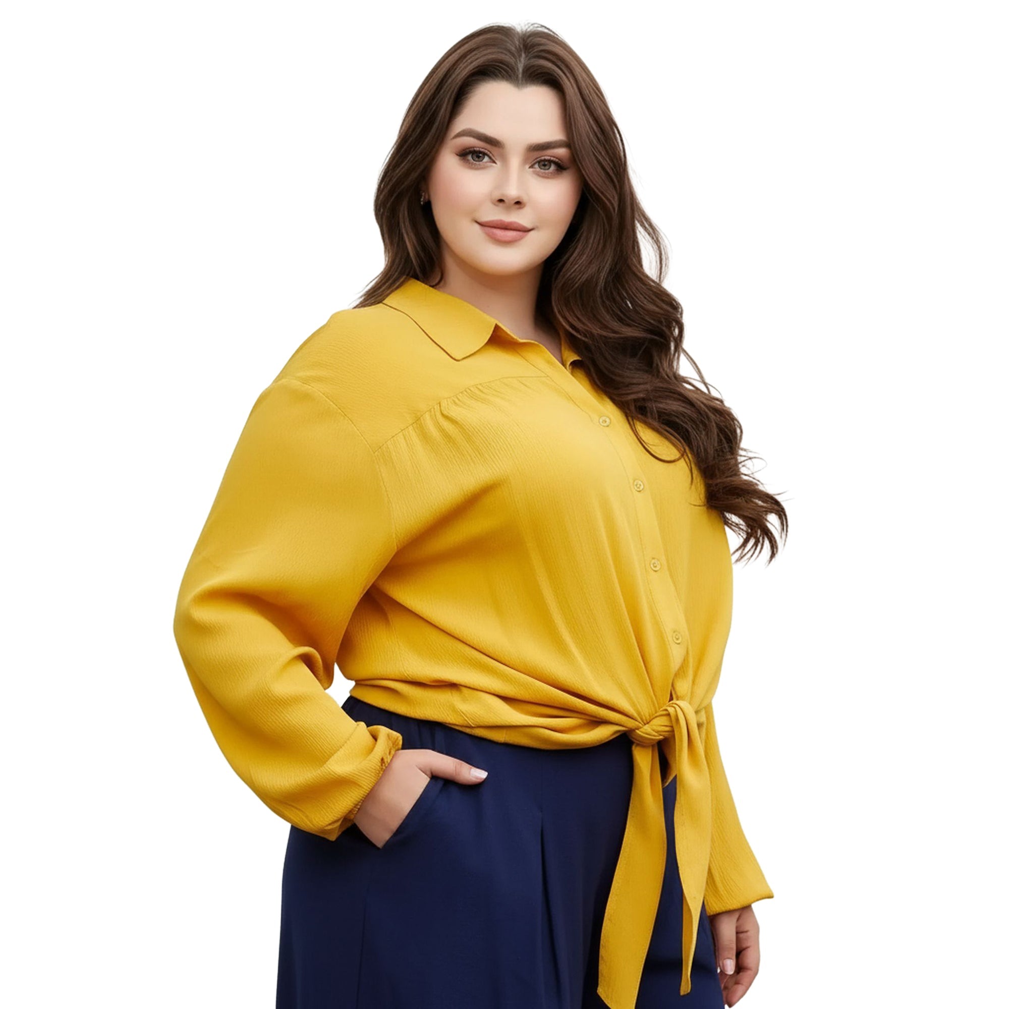 Pleione Plus Size Pleated Tie Hem Button Down Blouse In Mustard