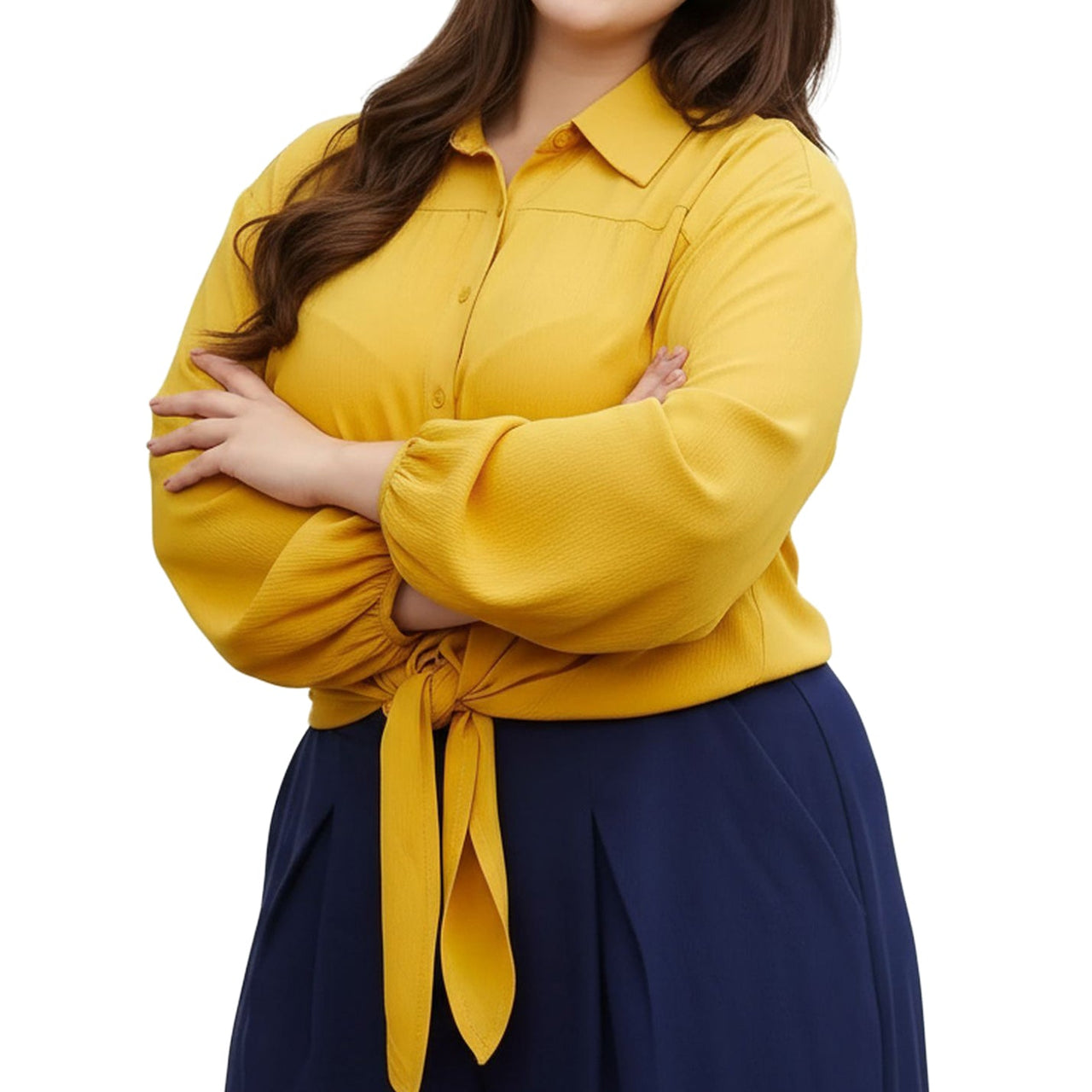 Pleione Plus Size Pleated Tie Hem Button Down Blouse In Mustard
