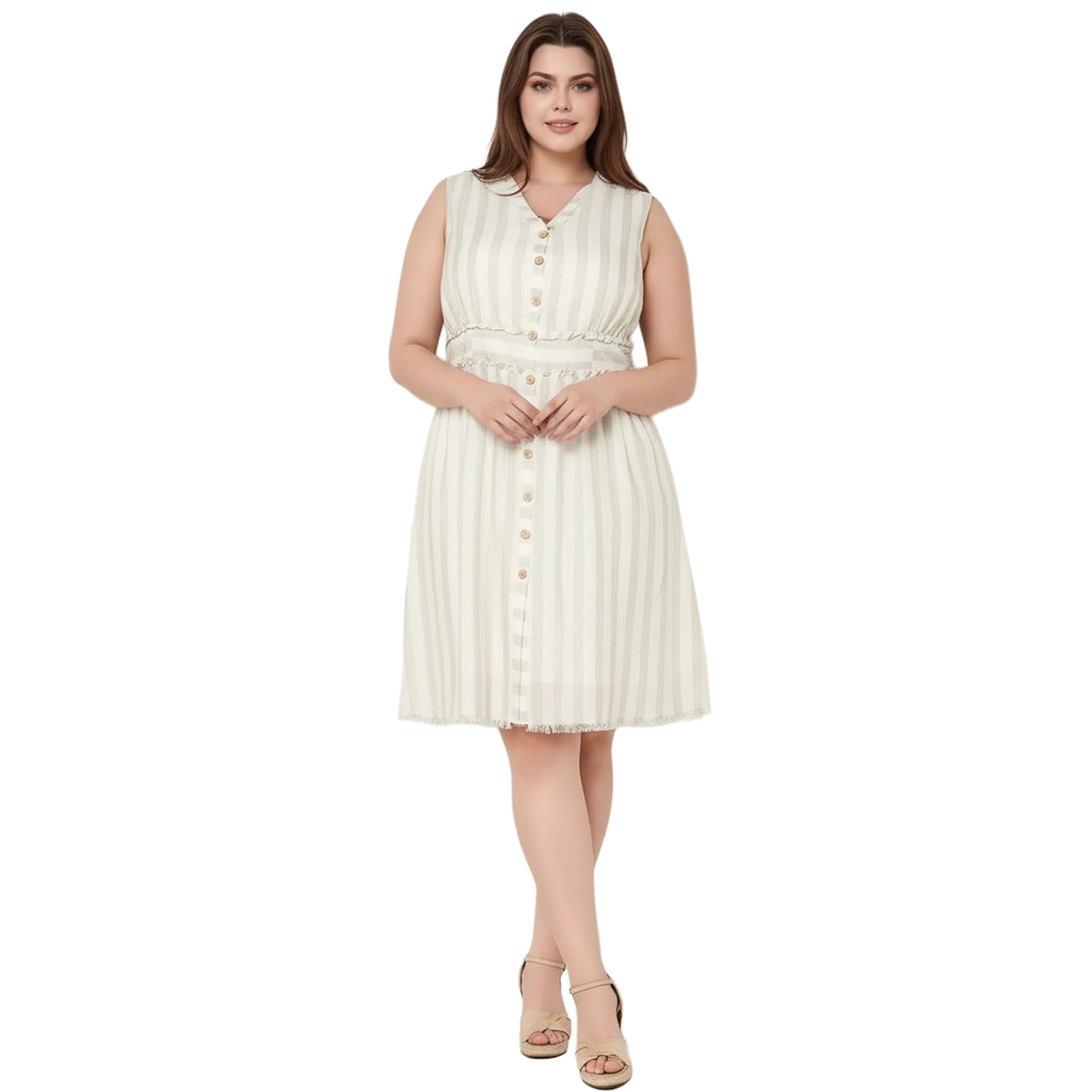 Women's Plus Size Sleeveless Button Down Stripe Dress in Sage