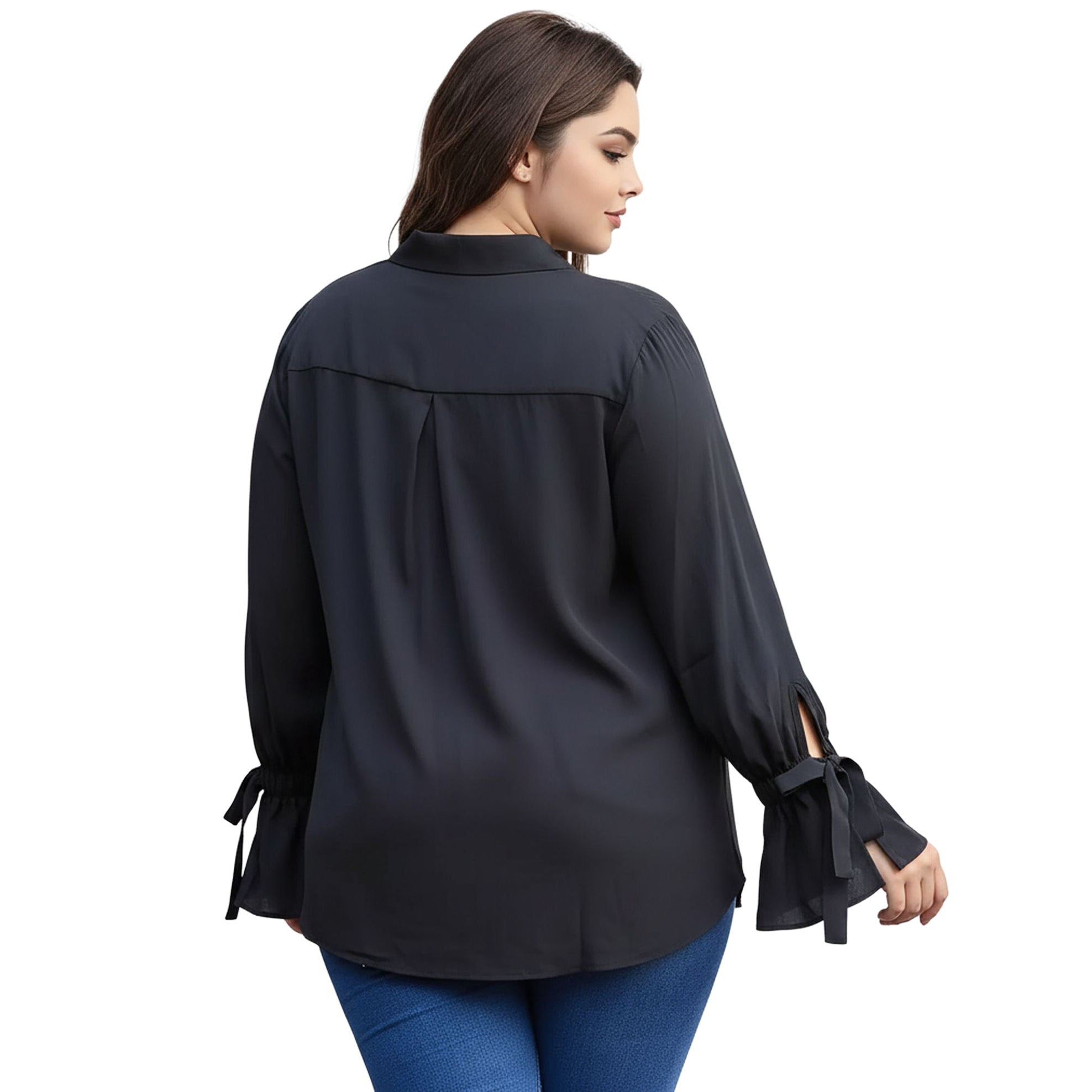 Pleione Plus Size Self-tie Bell Cuff Button Down Shirt Blouse In Black