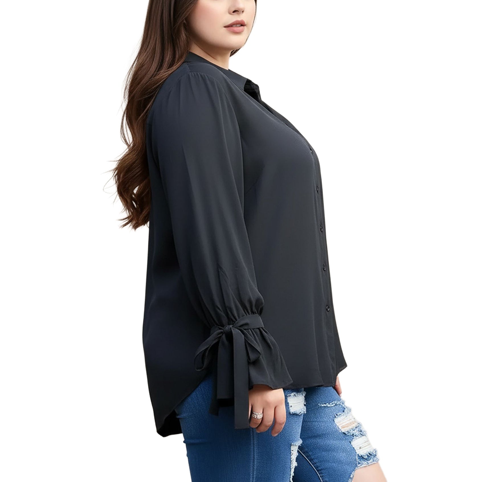 Pleione Plus Size Self-tie Bell Cuff Button Down Shirt Blouse In Black