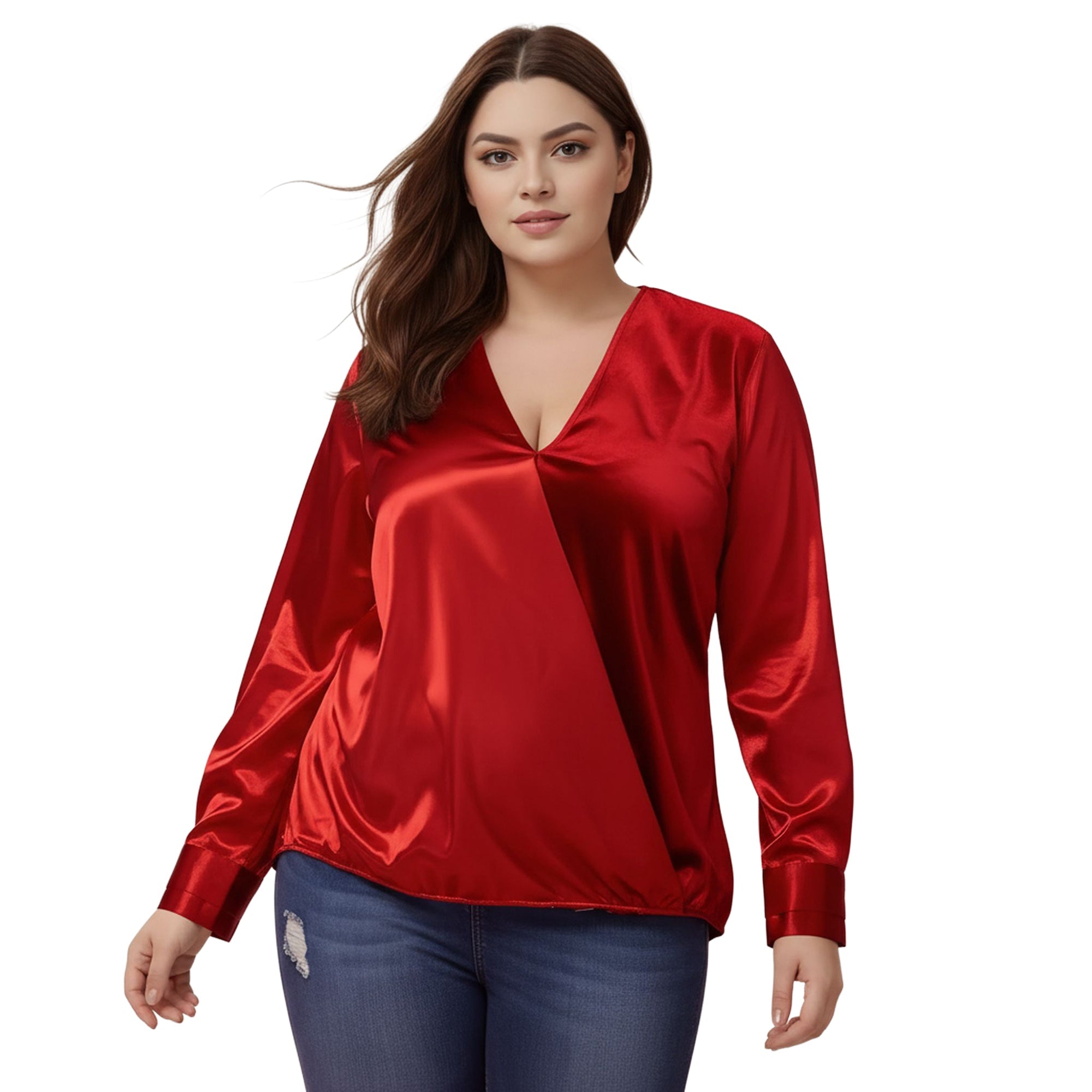 Pleione Plus Size Women's Charmeuse Contrast Cross Front Blouse