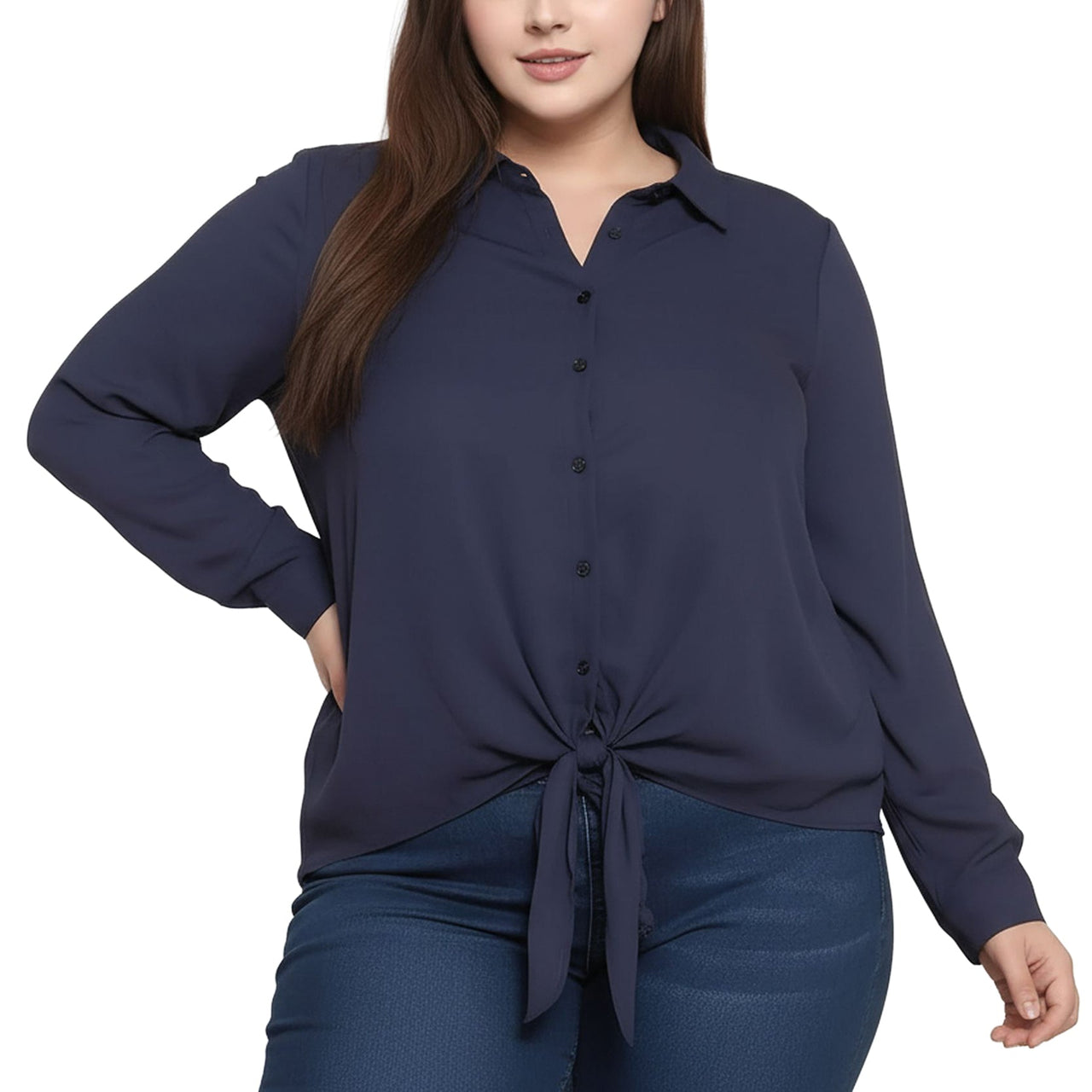 Pleione Plus Tie-Front Button-Down Blouse