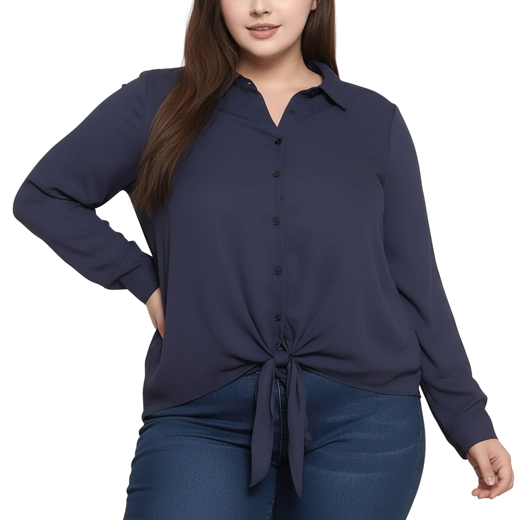Pleione Plus Tie-Front Button-Down Blouse
