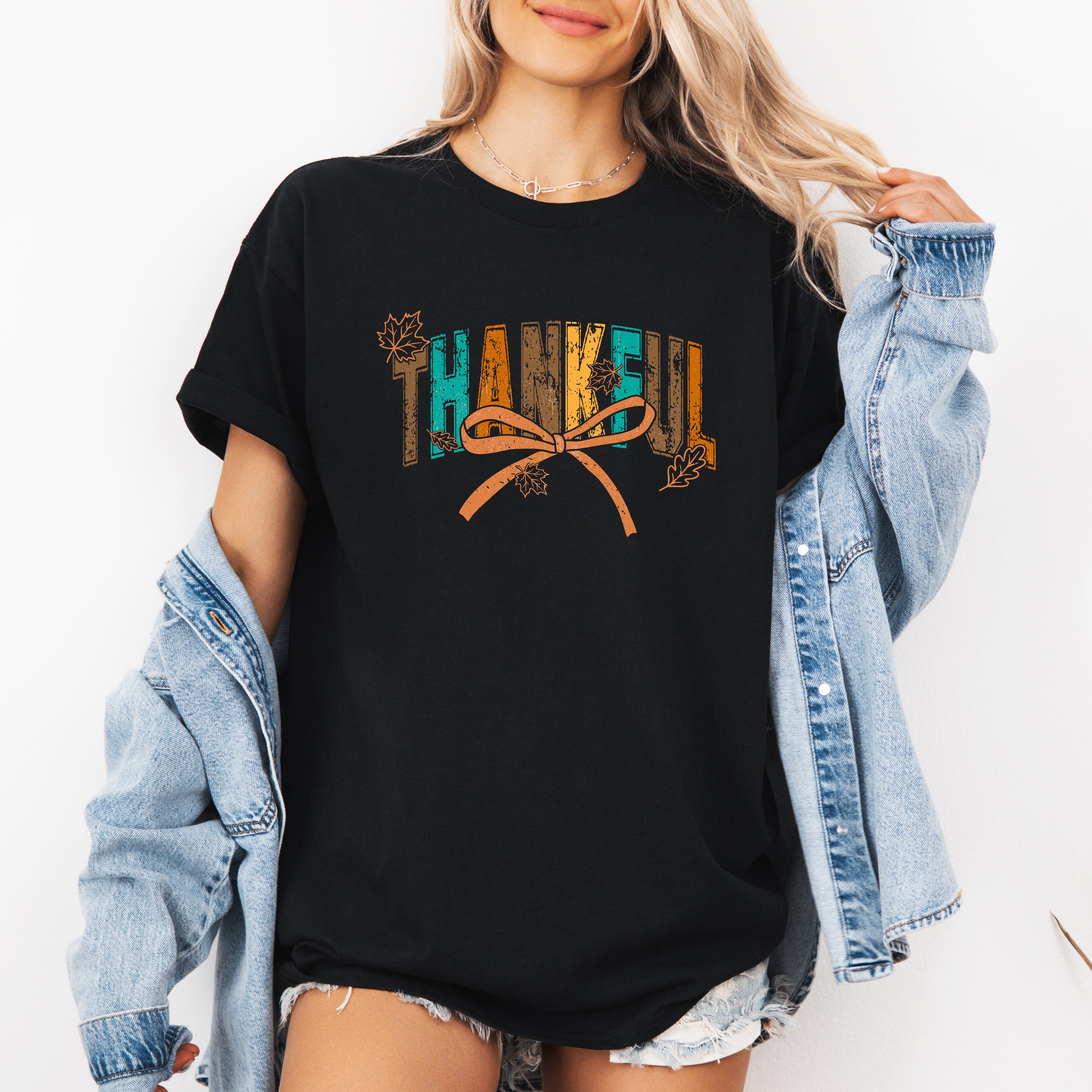 Thankful Fall Autumn Bow Ribbon Harvest Moon Halloween Whimsy Cozy Seasonal Delight Graphic Tee