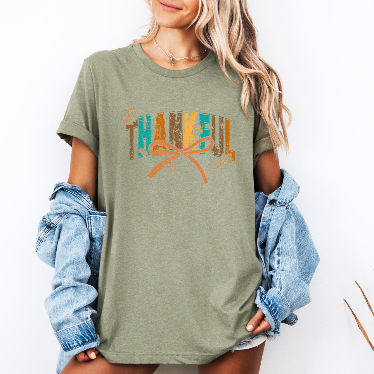 Thankful Fall Autumn Bow Ribbon Harvest Moon Halloween Whimsy Cozy Seasonal Delight Graphic Tee