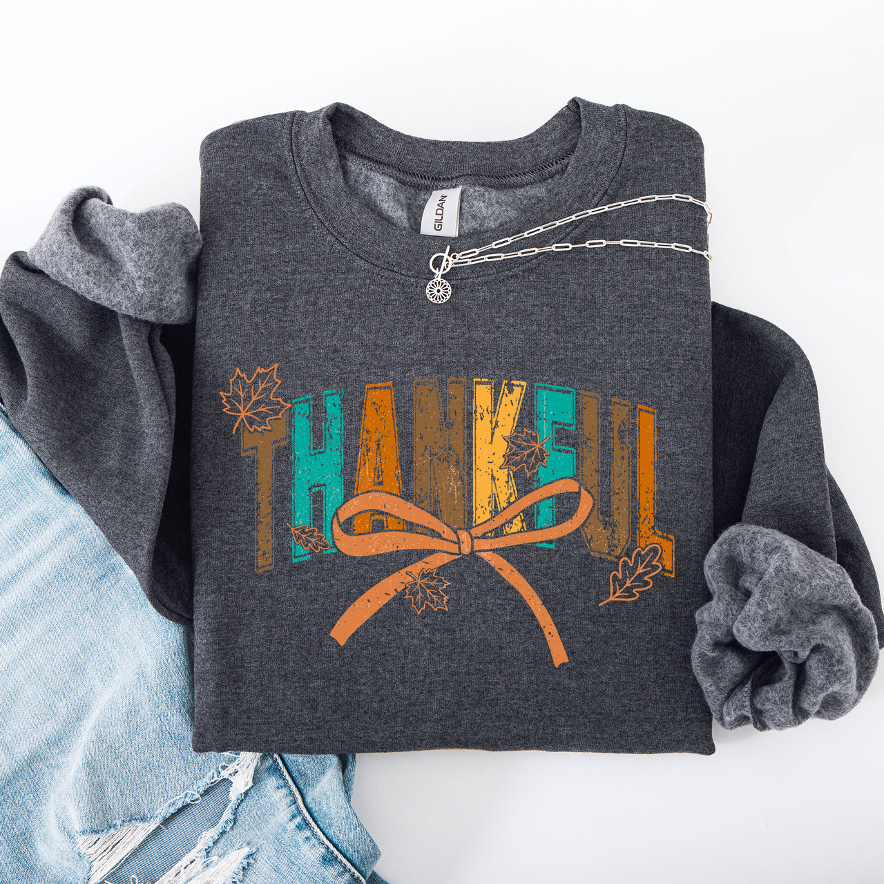 Thankful Fall Autumn Bow Ribbon Floral Sunflower Pumpkin Harvest Cozy Warm Seasonal Charm Sweatshirt