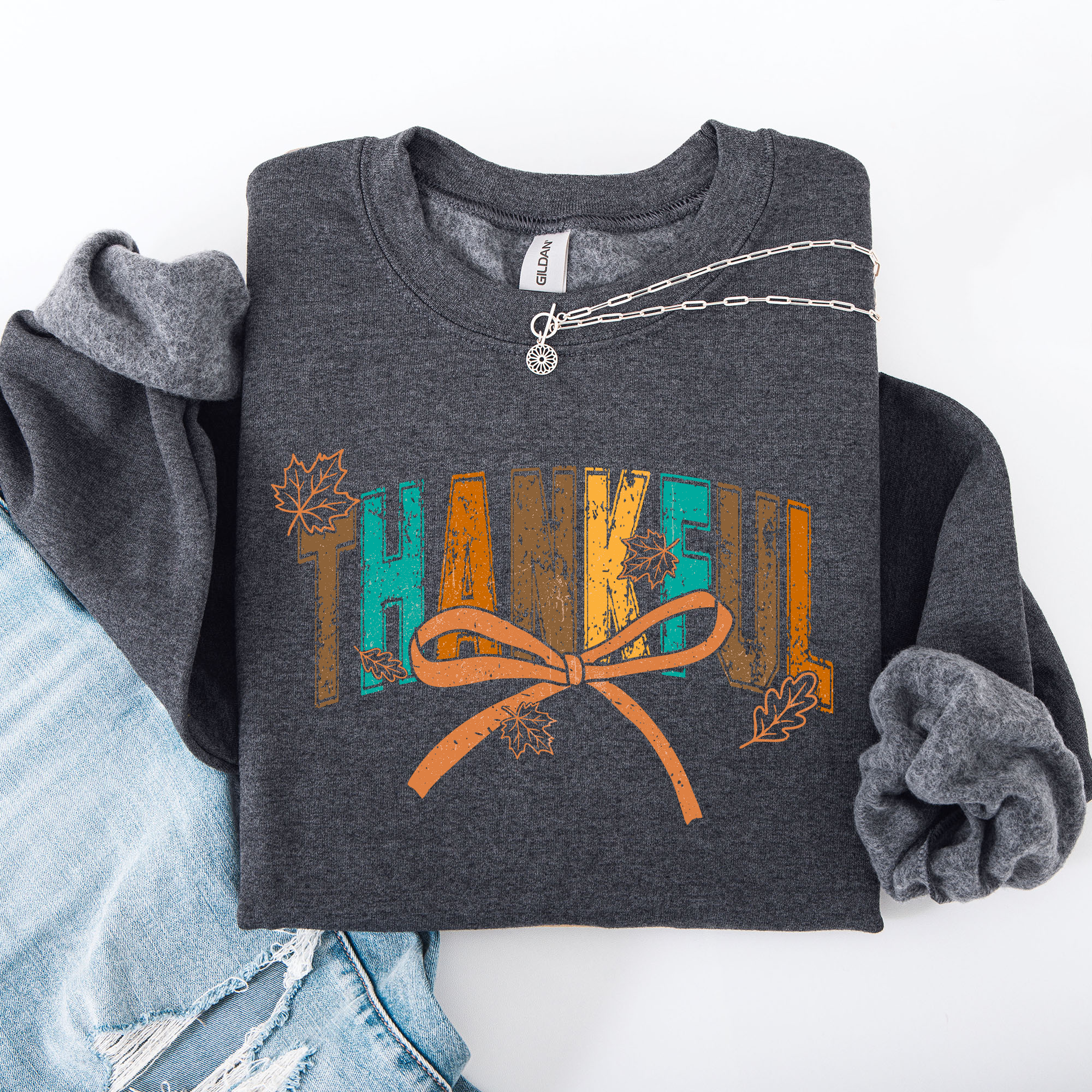 Thankful Fall Autumn Bow Ribbon Floral Sunflower Pumpkin Harvest Cozy Warm Seasonal Charm Sweatshirt