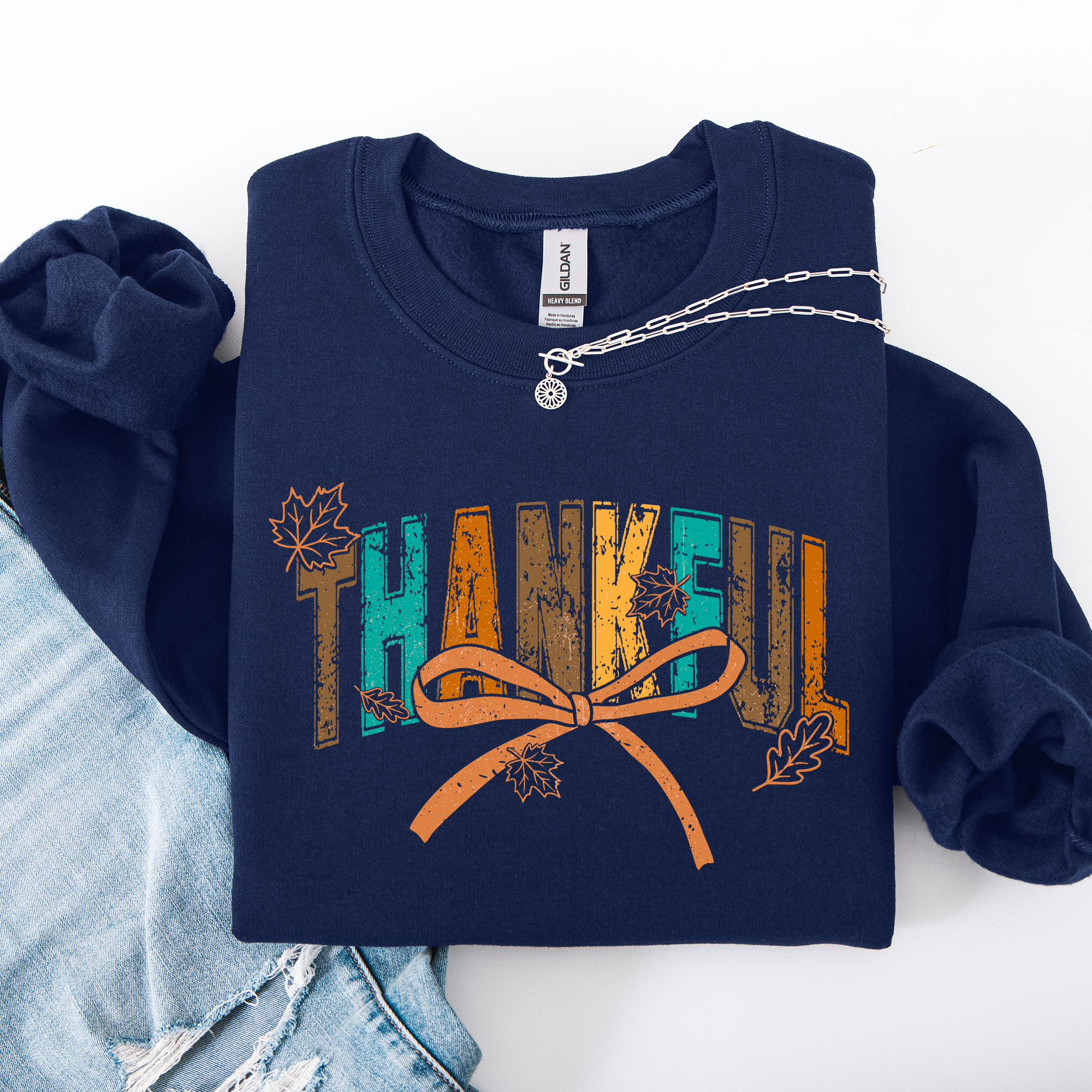 Thankful Fall Autumn Bow Ribbon Floral Sunflower Pumpkin Harvest Cozy Warm Seasonal Charm Sweatshirt