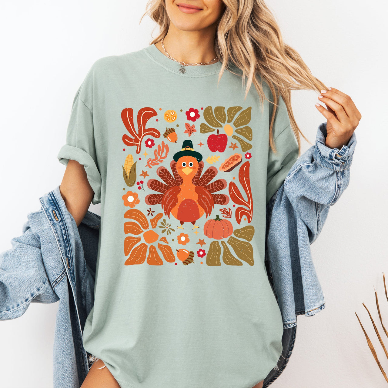 Thanksgiving Turkey With Floral Bouquet Boho Botanical Autumn Harvest Design Comfort Colors Tee