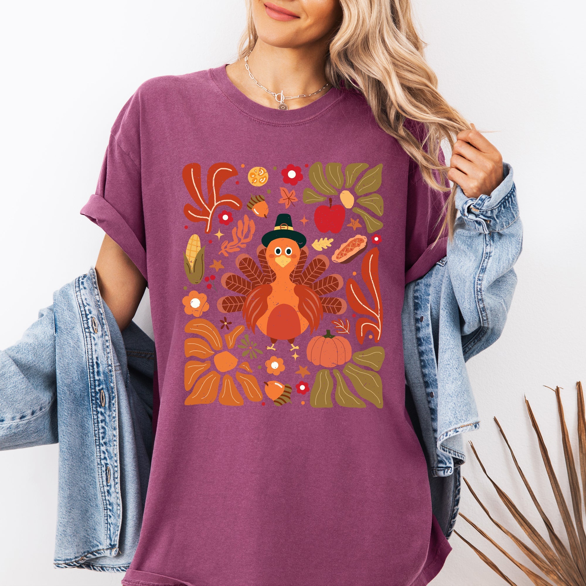 Thanksgiving Turkey With Floral Bouquet Boho Botanical Autumn Harvest Design Comfort Colors Tee