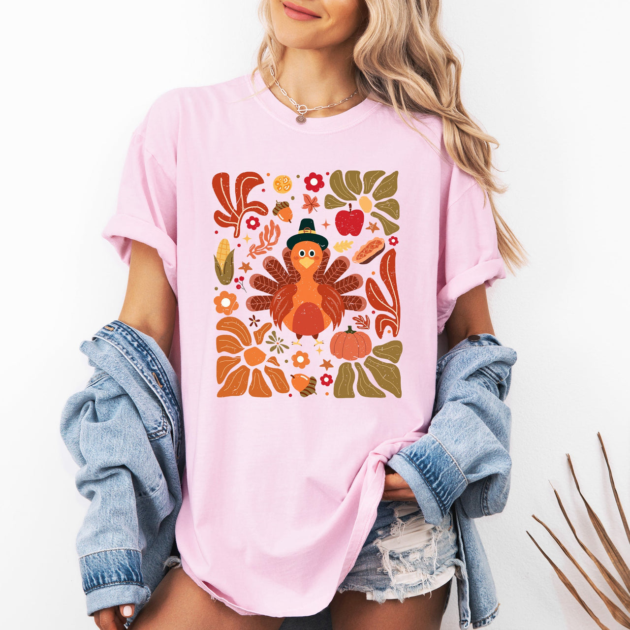 Thanksgiving Turkey With Floral Bouquet Boho Botanical Autumn Harvest Design Comfort Colors Tee