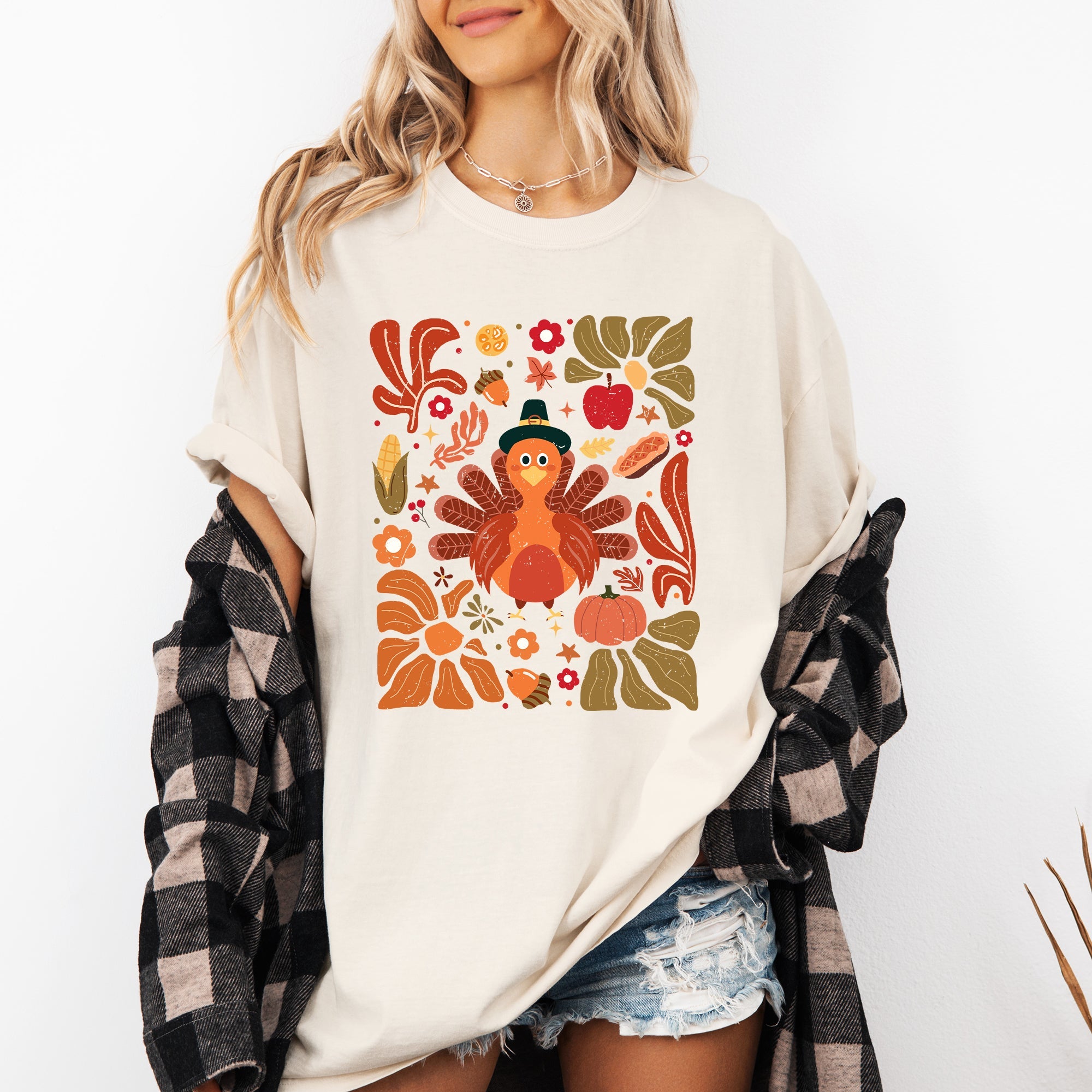 Thanksgiving Turkey With Floral Bouquet Boho Botanical Autumn Harvest Design Comfort Colors Tee