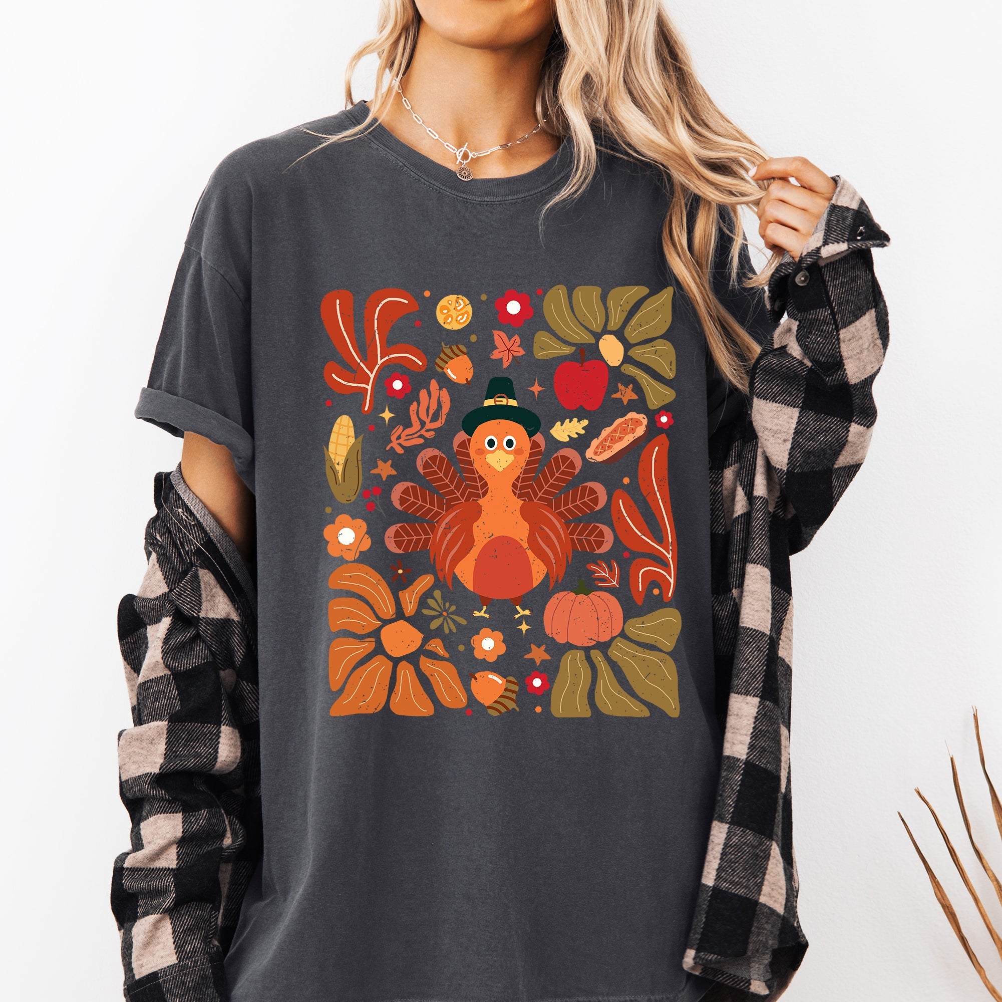 Thanksgiving Turkey With Floral Bouquet Boho Botanical Autumn Harvest Design Comfort Colors Tee
