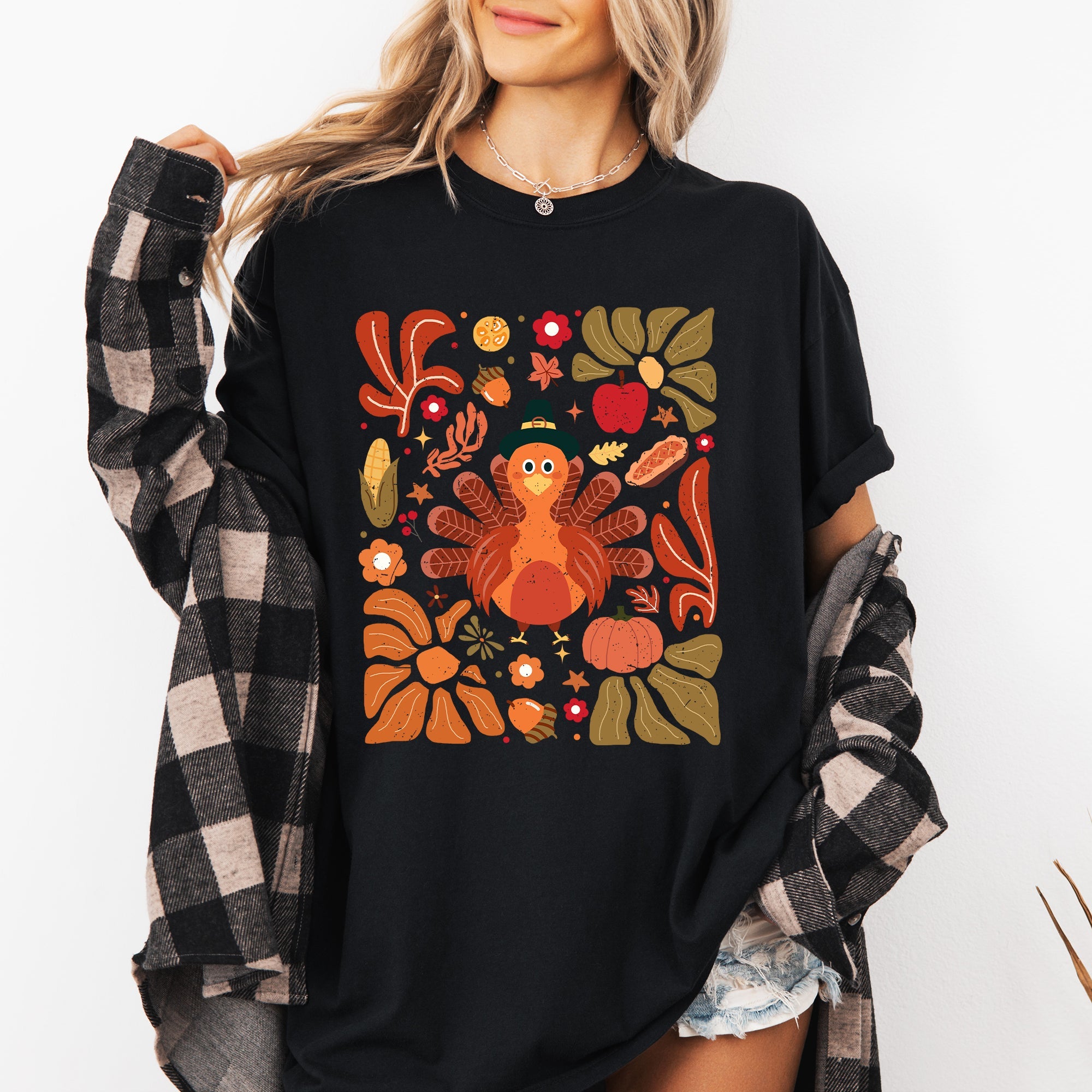 Thanksgiving Turkey With Floral Bouquet Boho Botanical Autumn Harvest Design Comfort Colors Tee