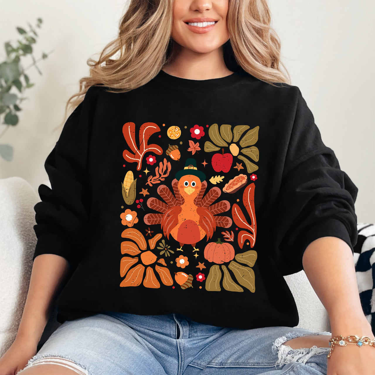 Thanksgiving Turkey Floral Boho Botanical Autumn Harvest Leaves Graphic Sweatshirt