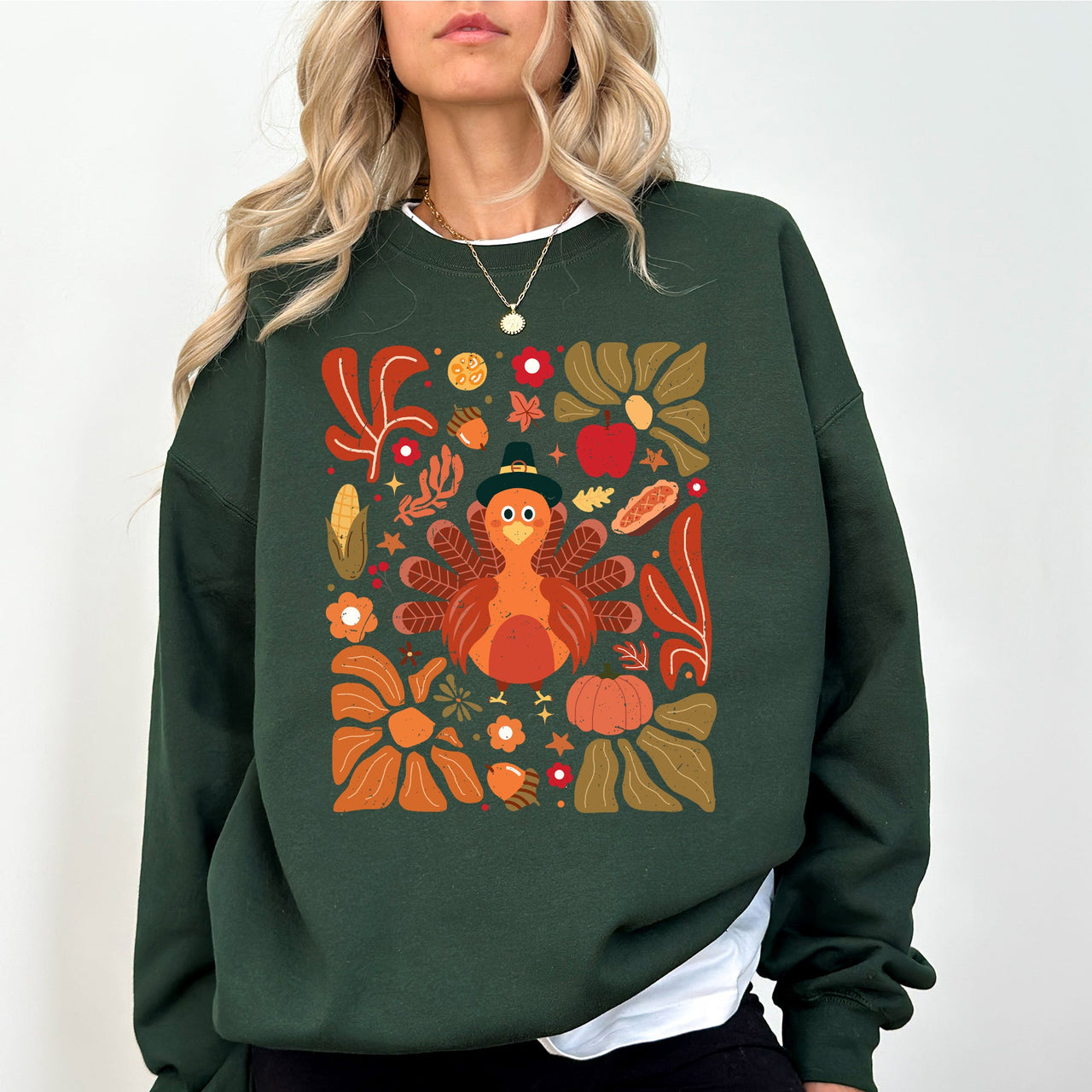 Thanksgiving Turkey Floral Boho Botanical Autumn Harvest Leaves Graphic Sweatshirt