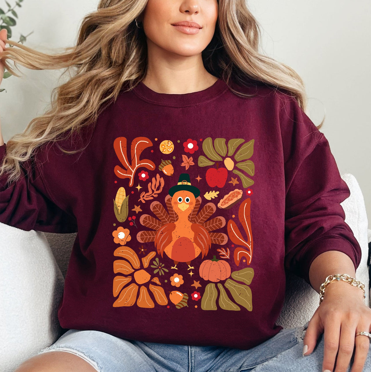 Thanksgiving Turkey Floral Boho Botanical Autumn Harvest Leaves Graphic Sweatshirt