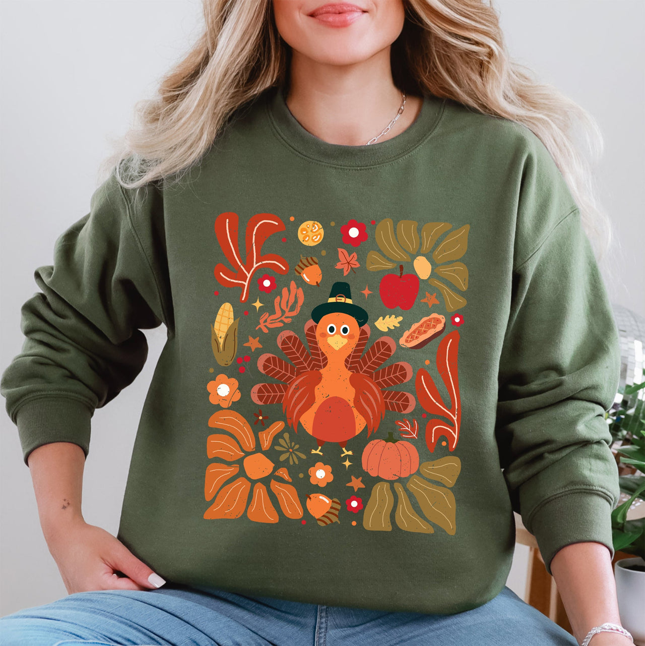 Thanksgiving Turkey Floral Boho Botanical Autumn Harvest Leaves Graphic Sweatshirt