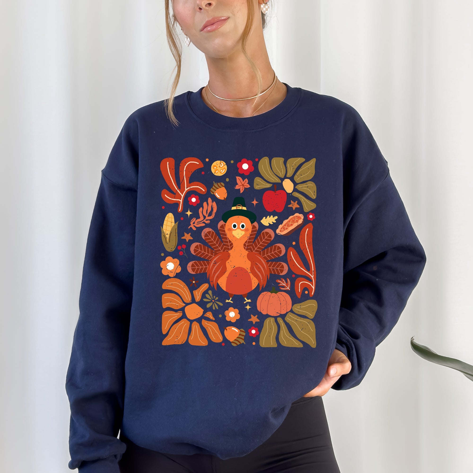 Thanksgiving Turkey Floral Boho Botanical Autumn Harvest Leaves Graphic Sweatshirt
