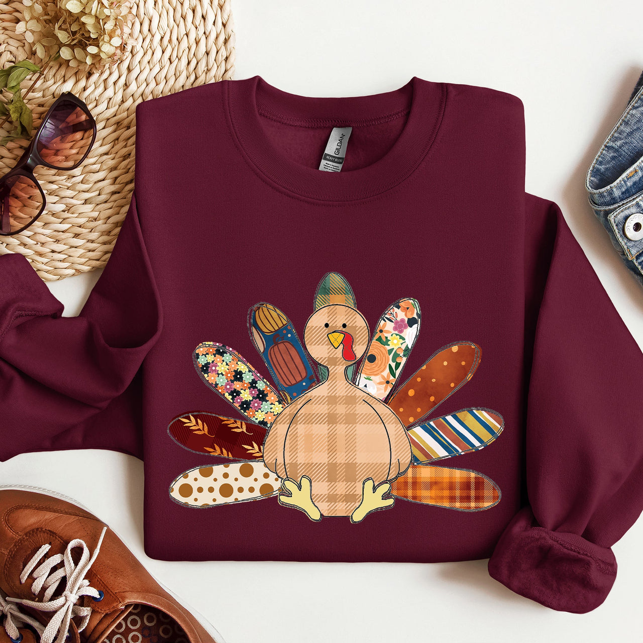 Thanksgiving Turkey Plaid Autumn Patterns Cozy Festive Decor Soft Fleece Lined Sweatshirt