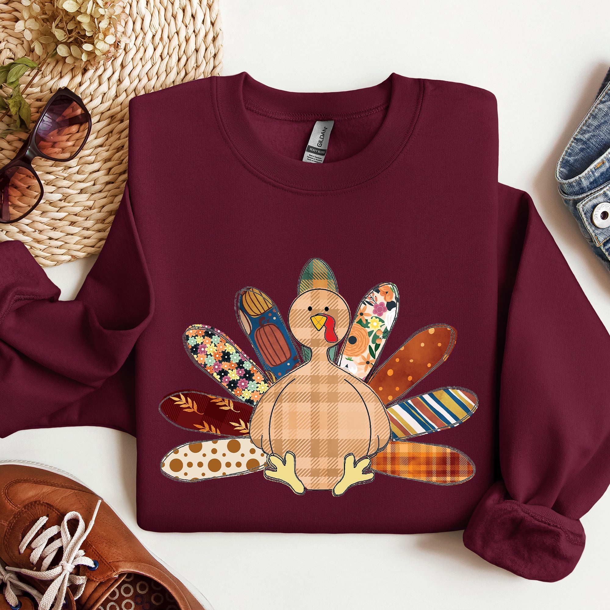 Thanksgiving Turkey Plaid Autumn Patterns Cozy Festive Decor Soft Fleece Lined Sweatshirt