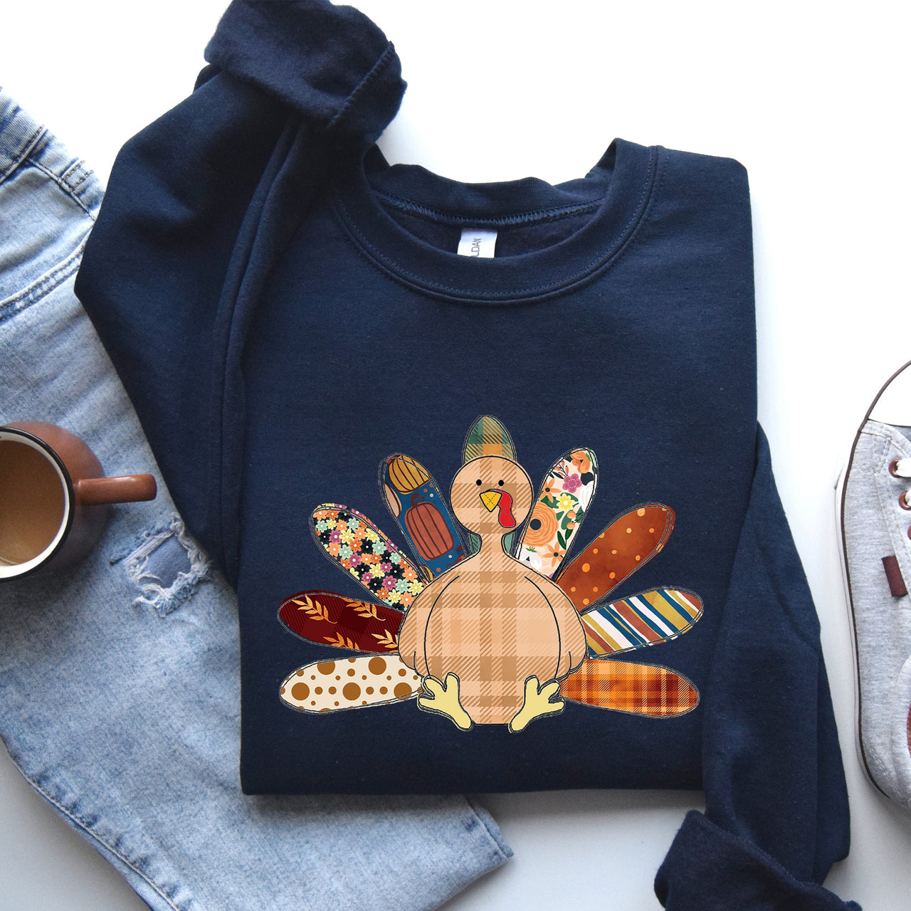 Thanksgiving Turkey Plaid Autumn Patterns Cozy Festive Decor Soft Fleece Lined Sweatshirt