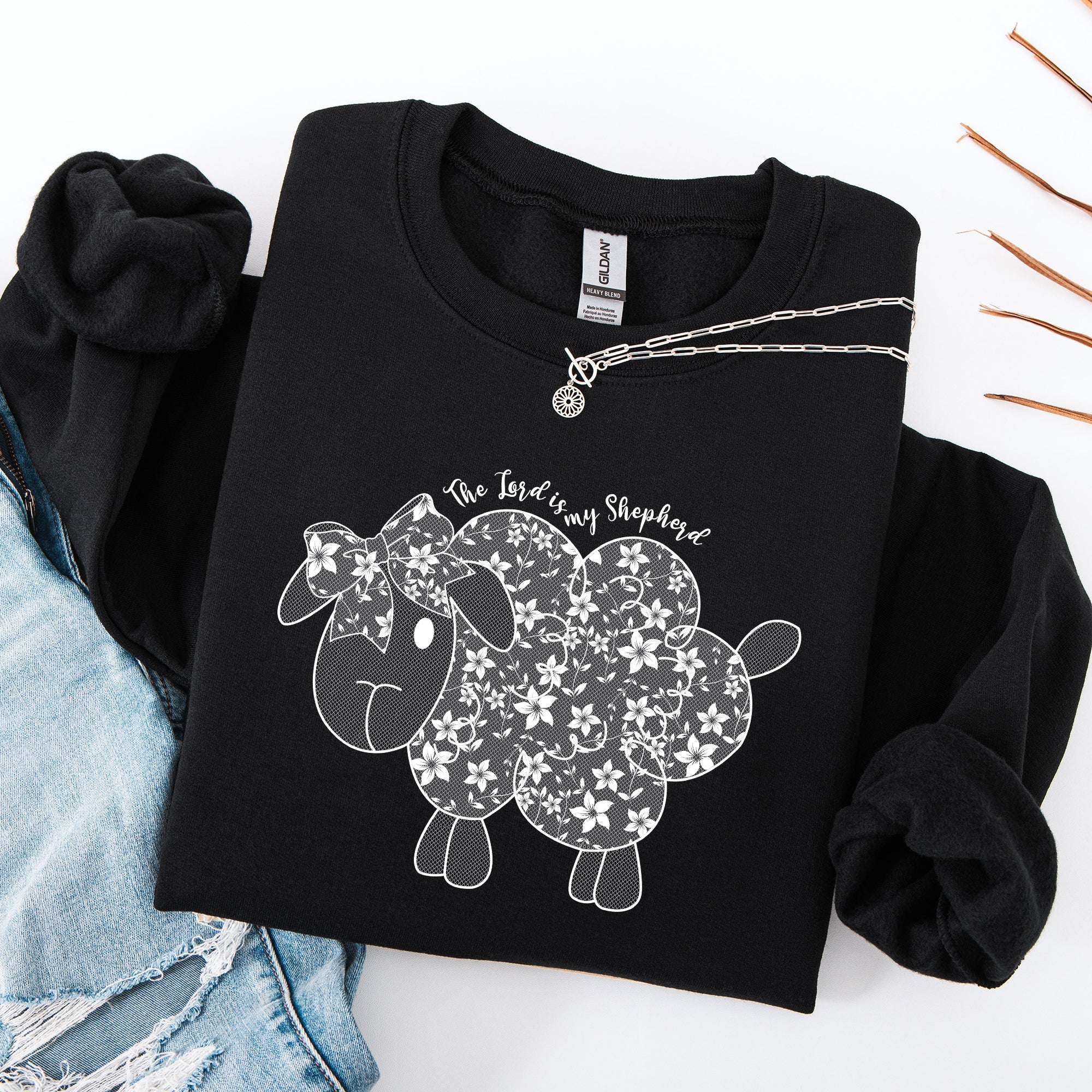 The Lord Is My Shepherd Faux Lace Sheep Christian Faith Religious Prayerful Sweatshirt