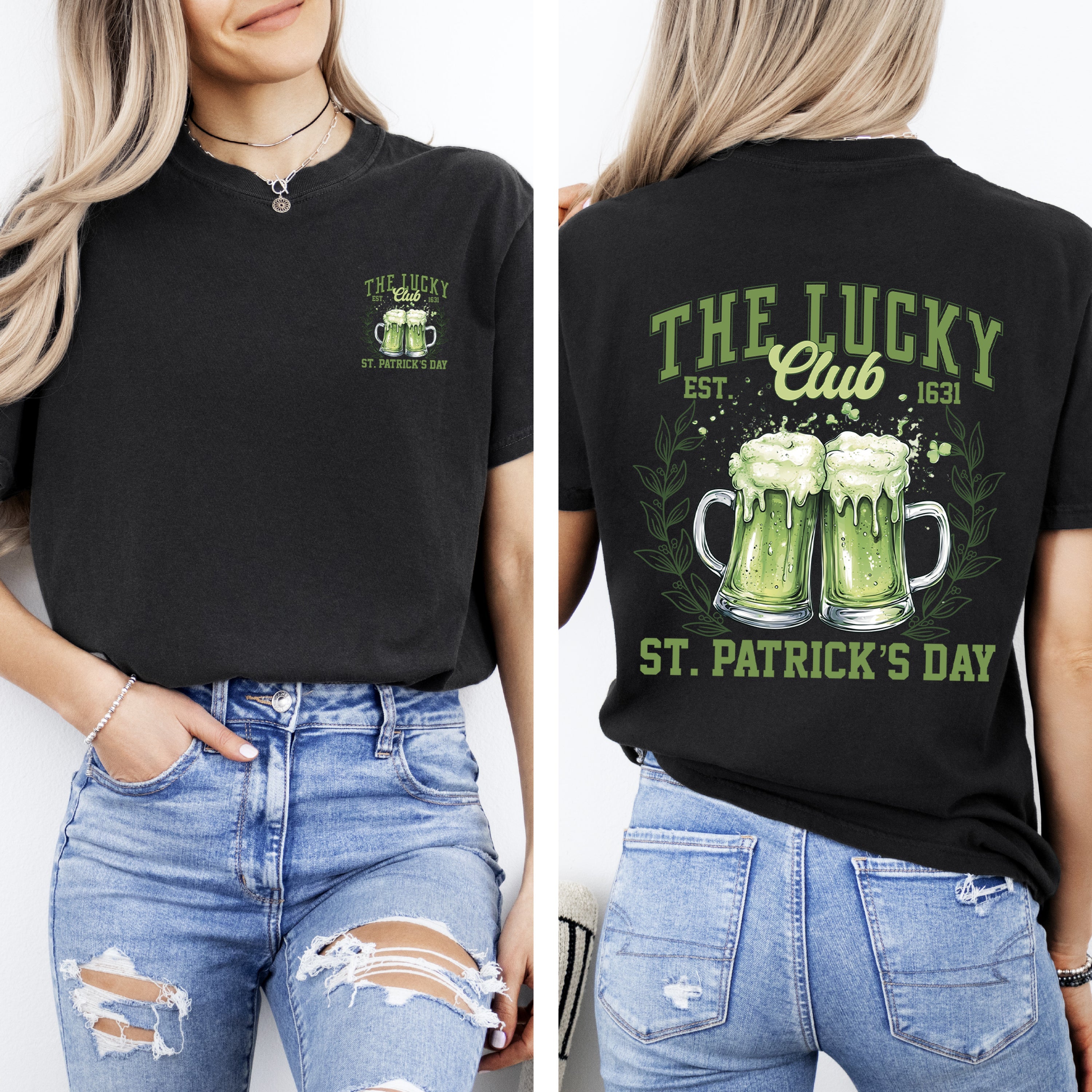 The Lucky Club Drinking Beer St Patrick's Day Shamrock Clover Leprechaun Comfort Colors Tee