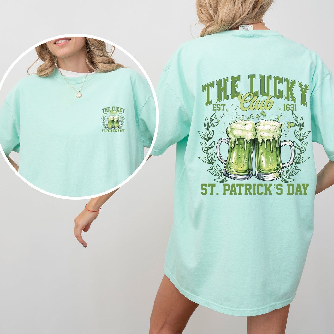 The Lucky Club Drinking Beer St Patrick's Day Shamrock Clover Leprechaun Comfort Colors Tee