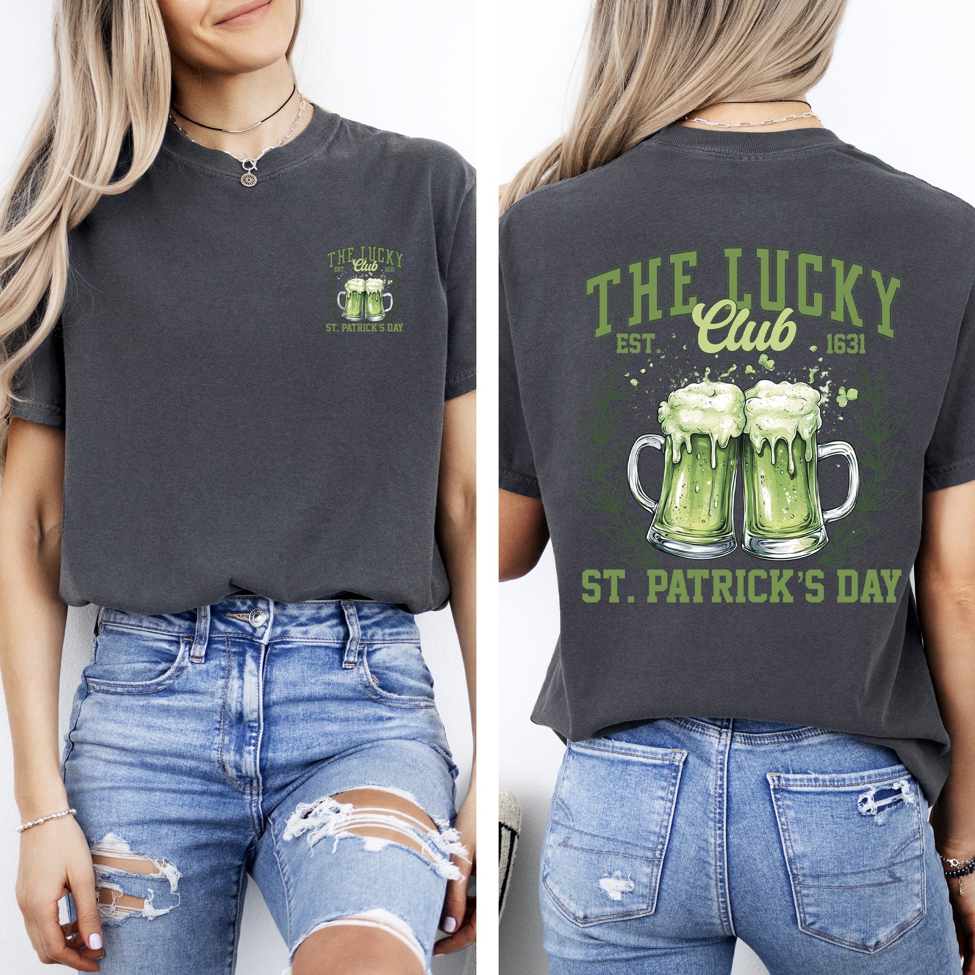 The Lucky Club Drinking Beer St Patrick's Day Shamrock Clover Leprechaun Comfort Colors Tee