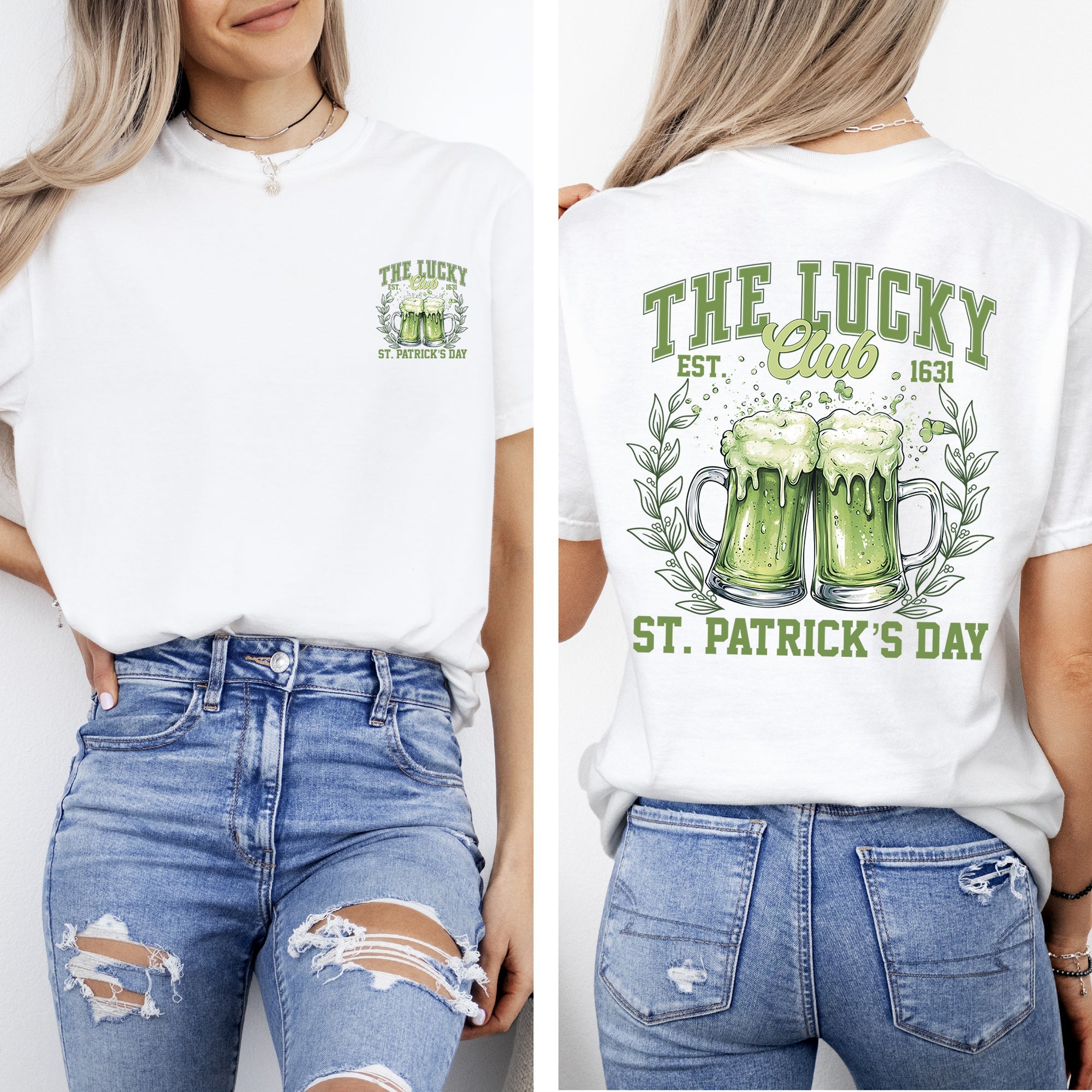 The Lucky Club Drinking Beer St Patrick's Day Shamrock Clover Leprechaun Comfort Colors Tee