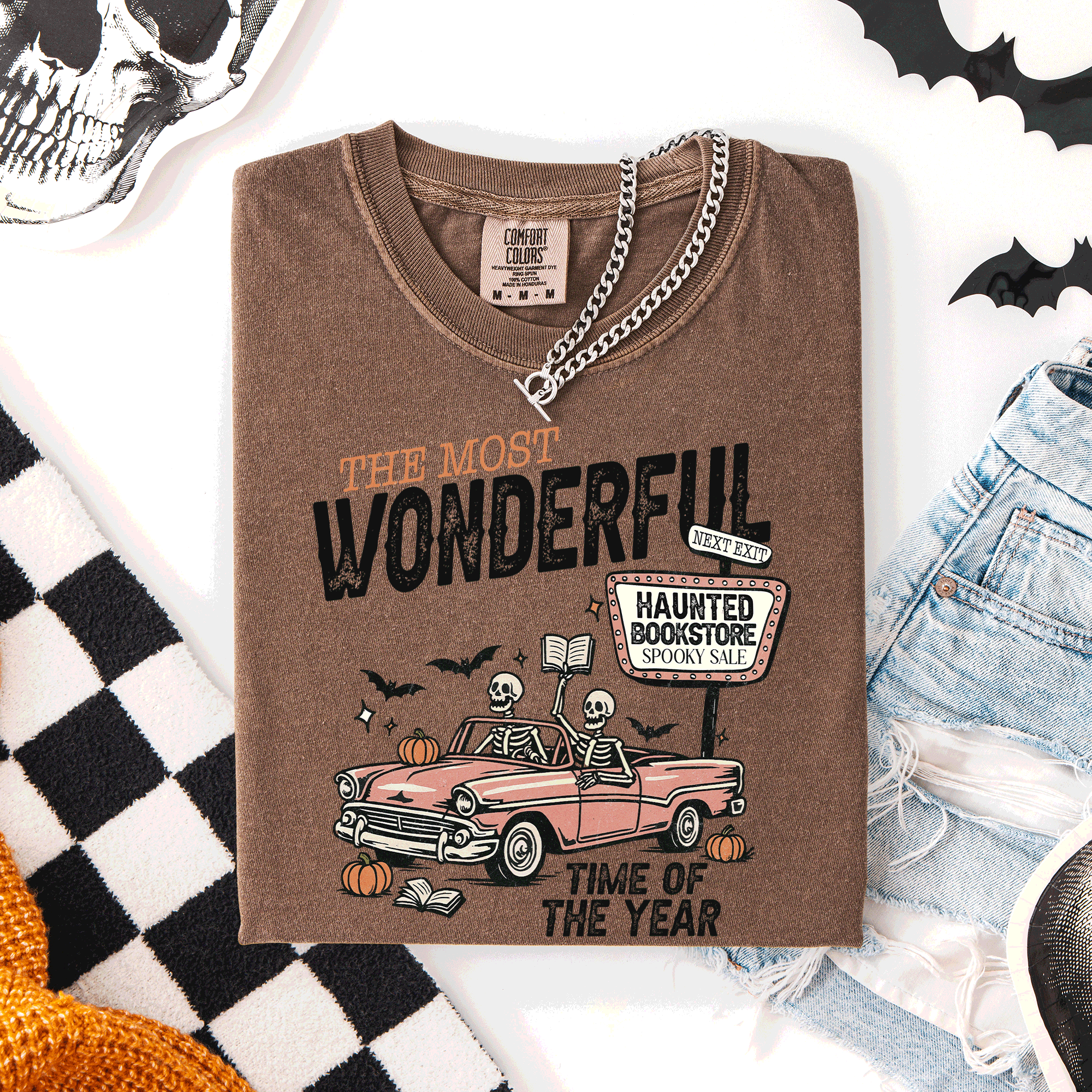 The Most Wonderful Time Of The Year Reading Skeleton Halloween Haunted Library Comfort Colors Tee