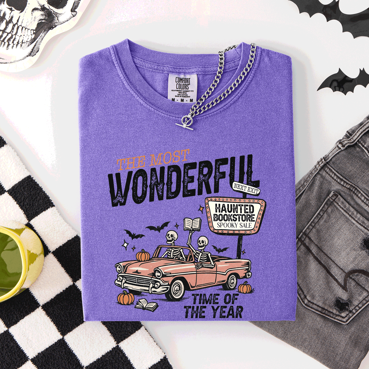 The Most Wonderful Time Of The Year Reading Skeleton Halloween Haunted Library Comfort Colors Tee