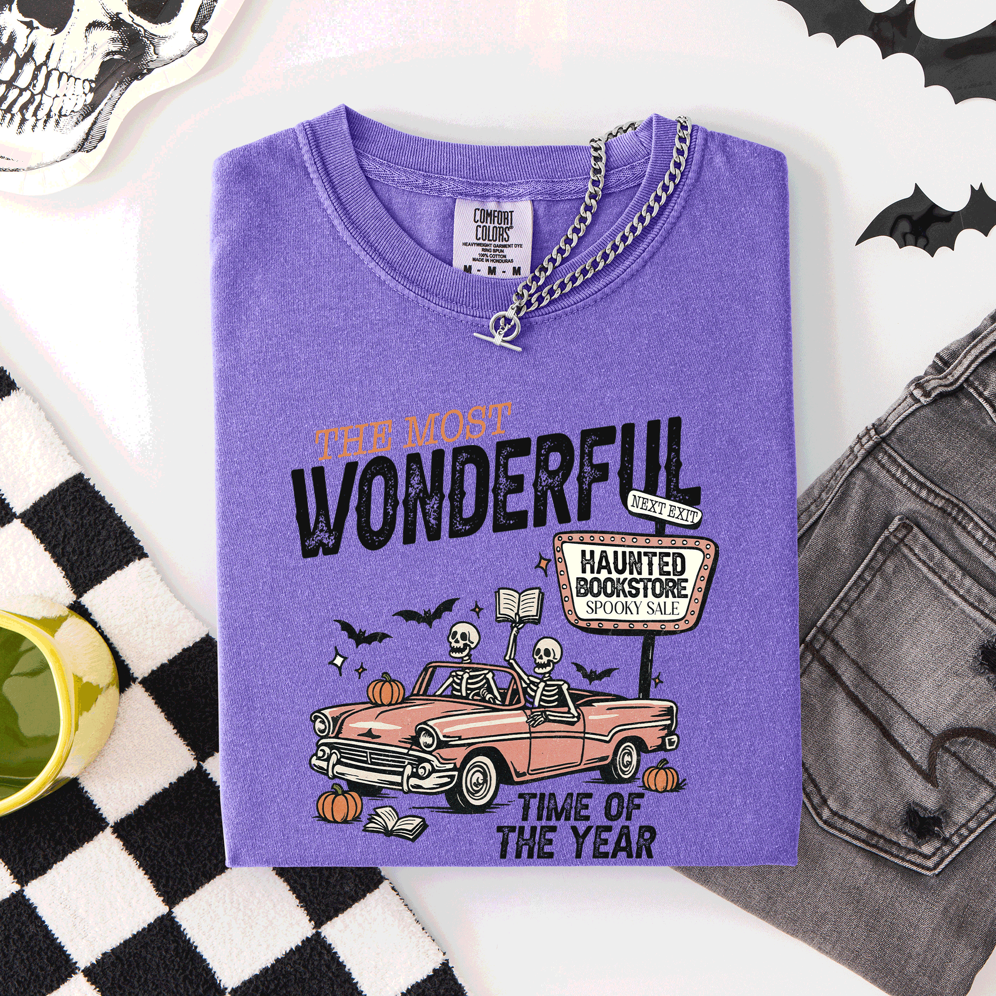 The Most Wonderful Time Of The Year Reading Skeleton Halloween Haunted Library Comfort Colors Tee