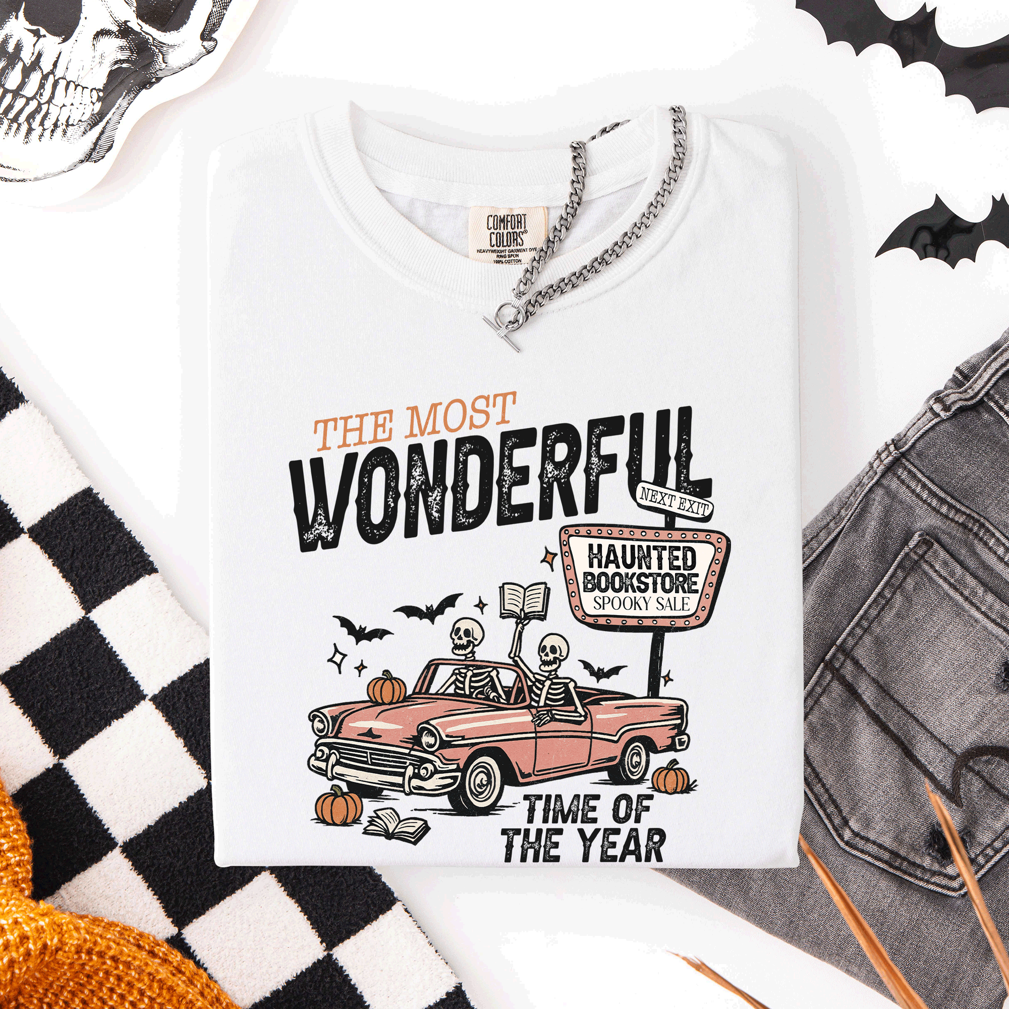 The Most Wonderful Time Of The Year Reading Skeleton Halloween Haunted Library Comfort Colors Tee