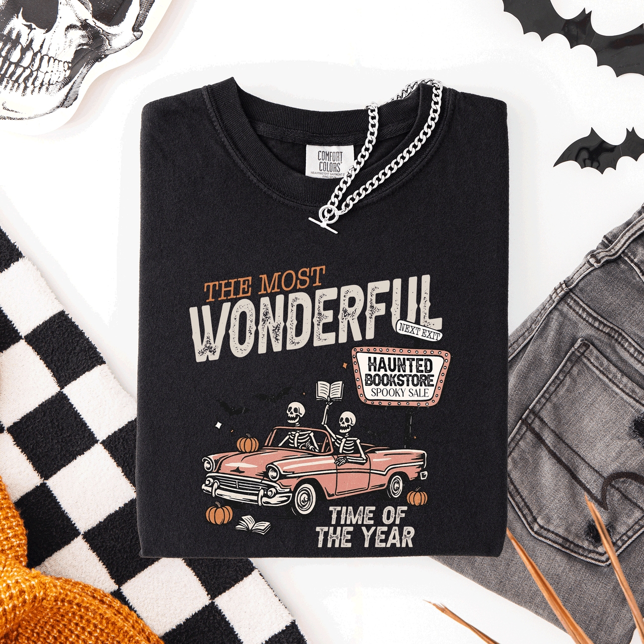 The Most Wonderful Time Of The Year Reading Skeleton Halloween Haunted Library Comfort Colors Tee