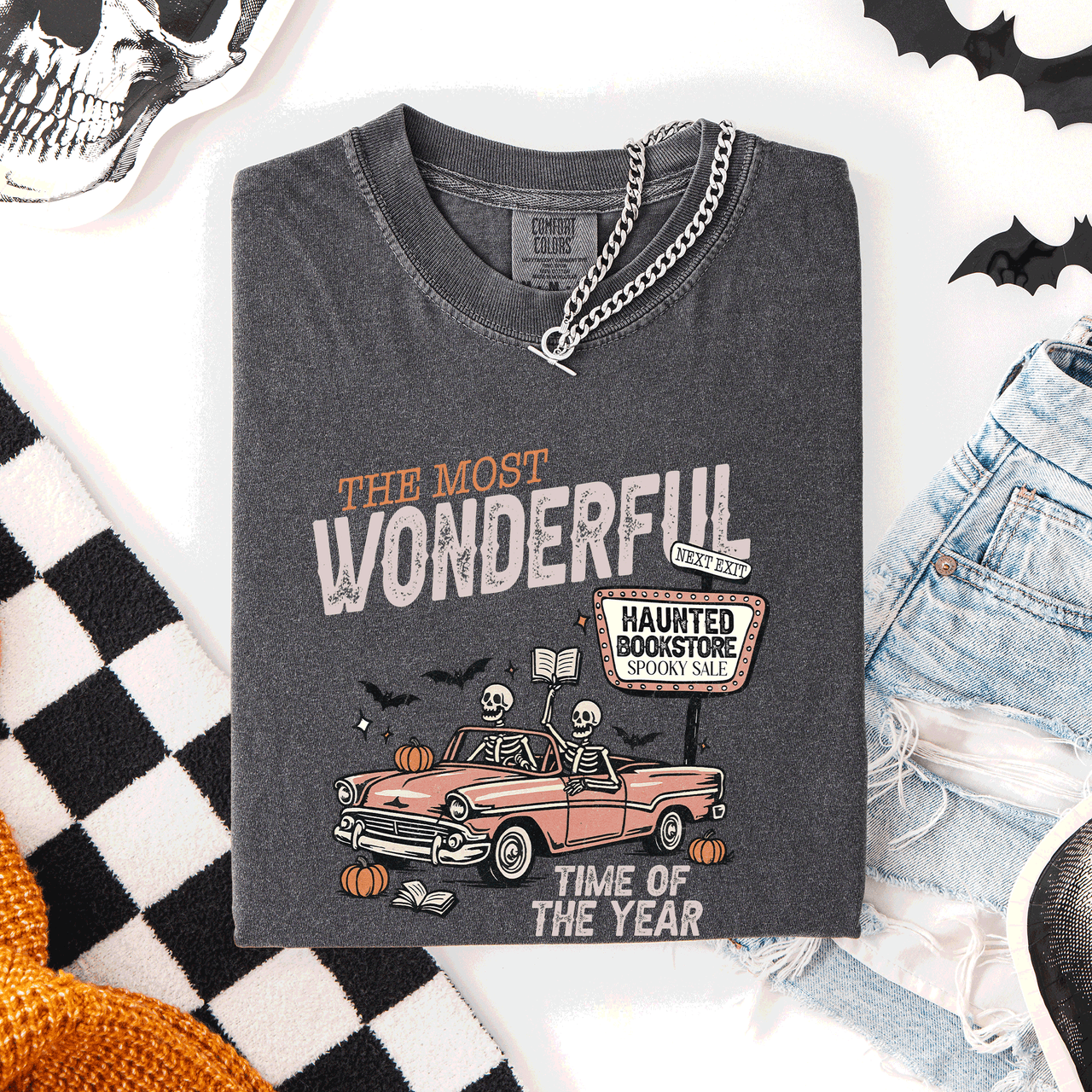 The Most Wonderful Time Of The Year Reading Skeleton Halloween Haunted Library Comfort Colors Tee