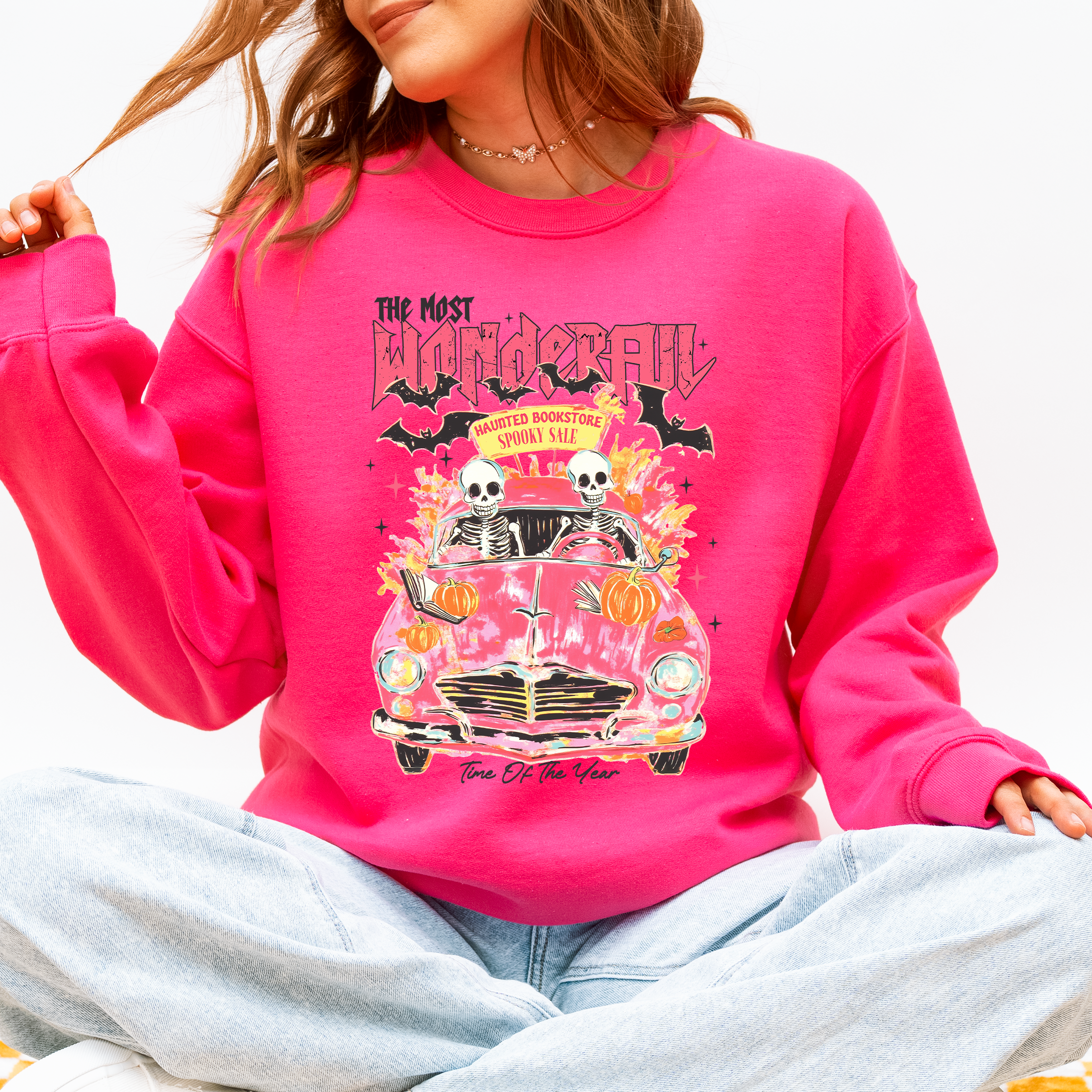 The Most Wonderful Time Of The Year Reading Skeletons Spooky Halloween Graphic Sweatshirt