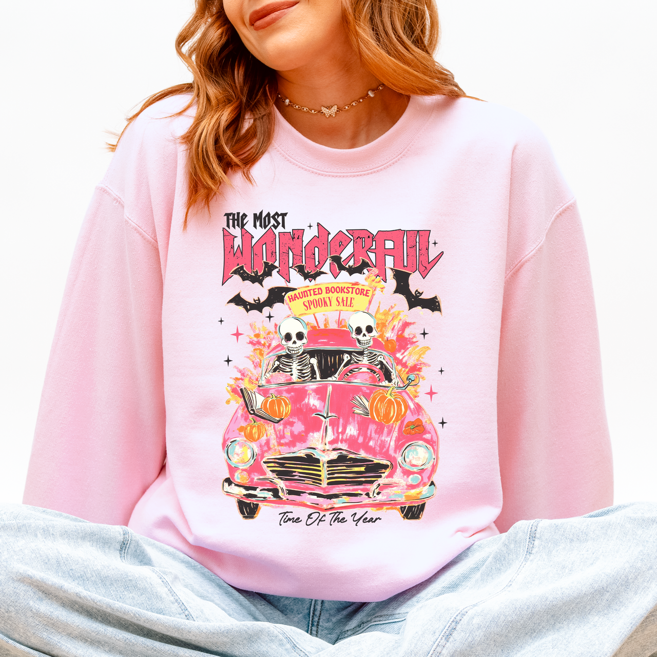 The Most Wonderful Time Of The Year Reading Skeletons Spooky Halloween Graphic Sweatshirt