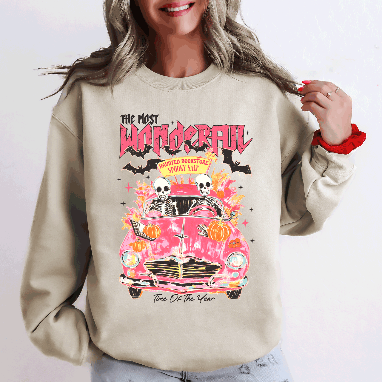The Most Wonderful Time Of The Year Reading Skeletons Spooky Halloween Graphic Sweatshirt