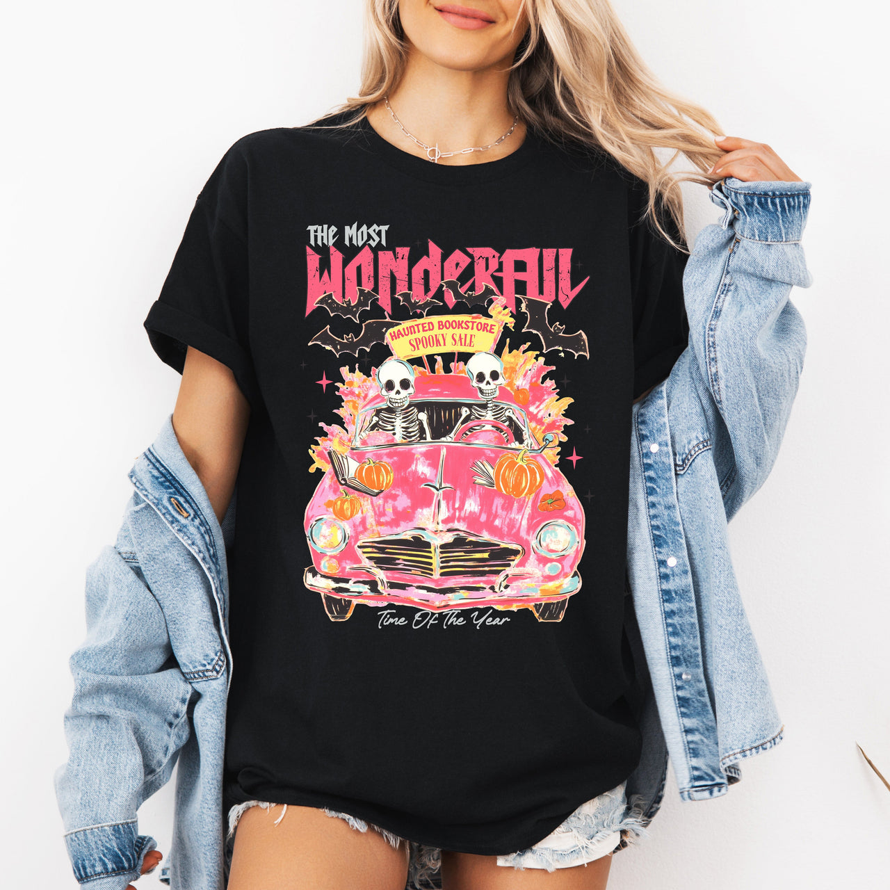 The Most Wonderful Time Of The Year Reading Skeletons Spooky Halloween Graphic Tee